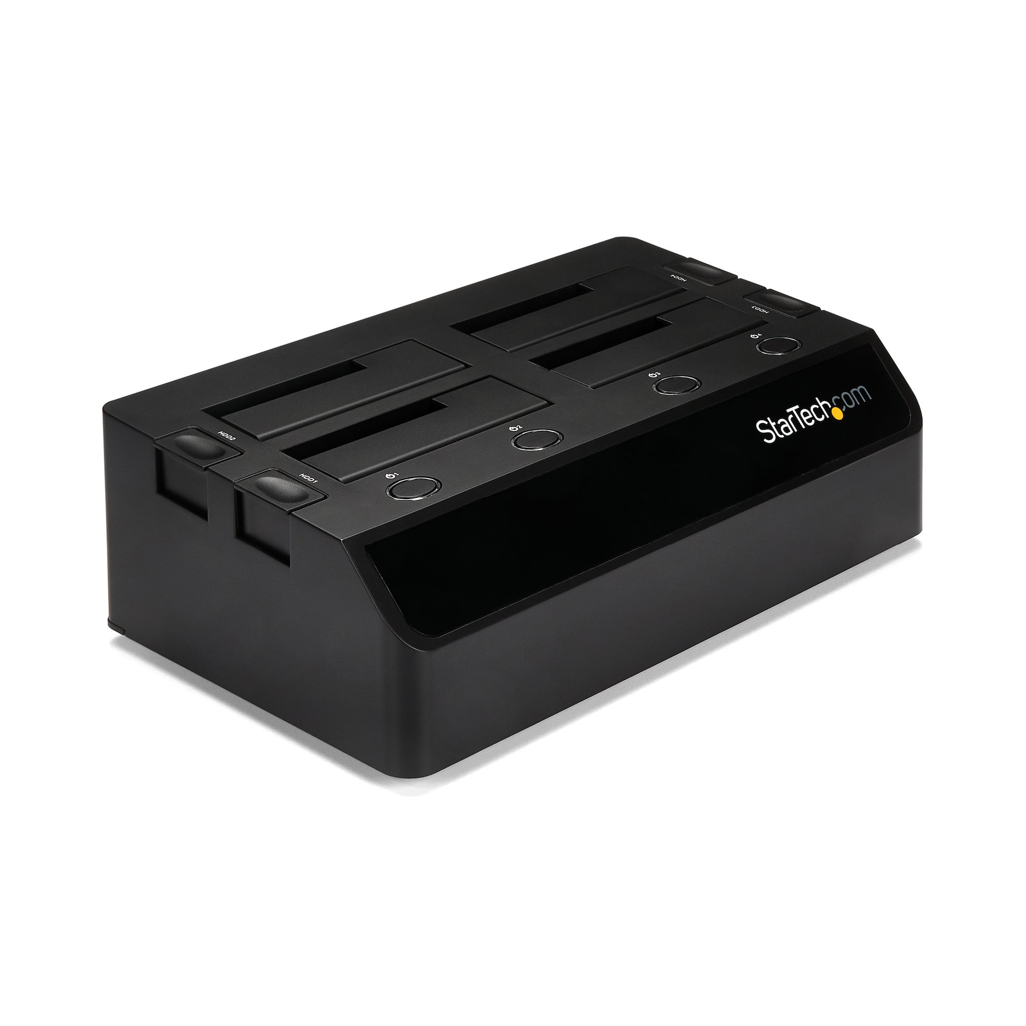 Eine schwarze StarTech.com-Dockingstation mit vier Schächten für Festplatten, auf weißem Hintergrund.