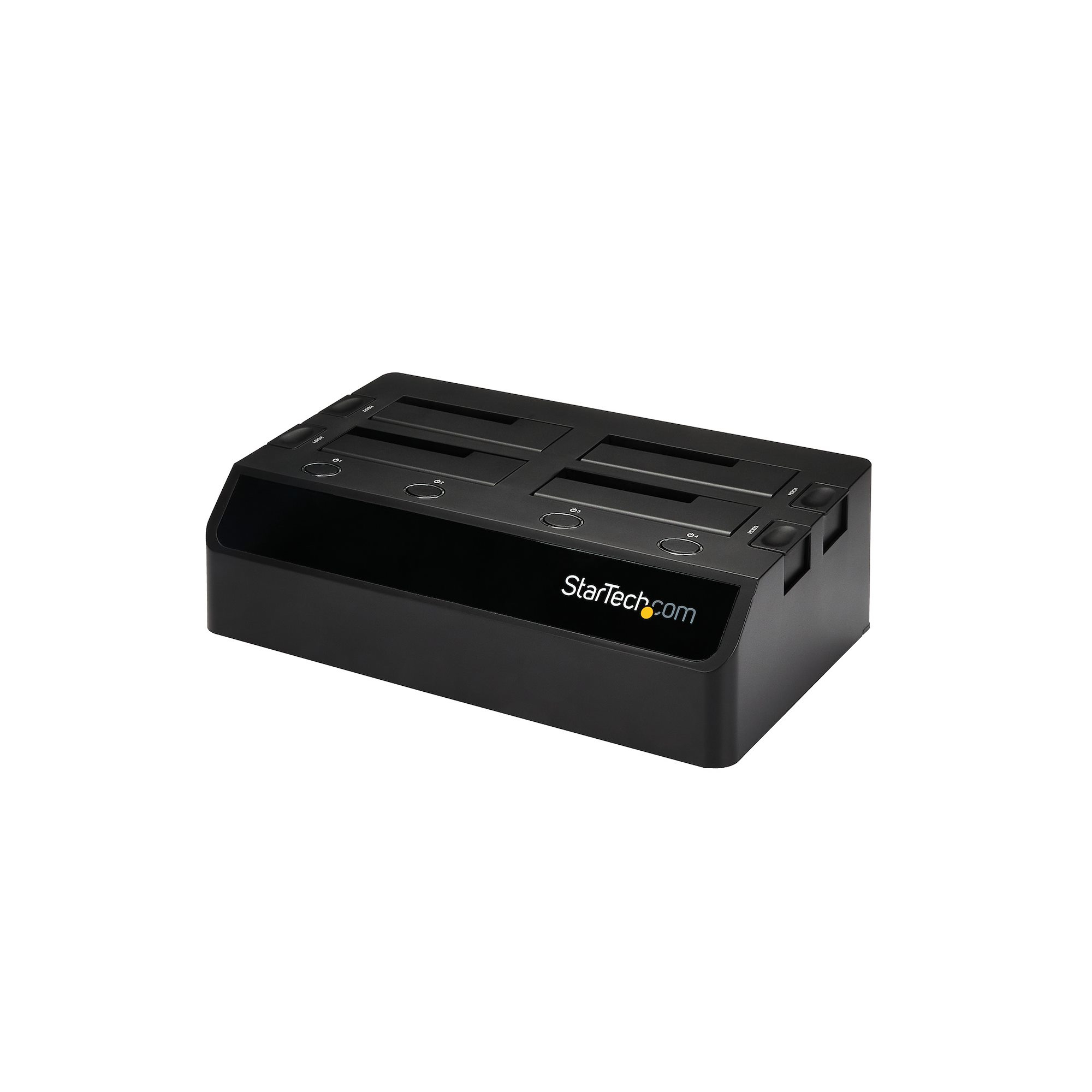 Eine schwarze StarTech.com-Dockingstation mit vier Schächten auf weißem Hintergrund.