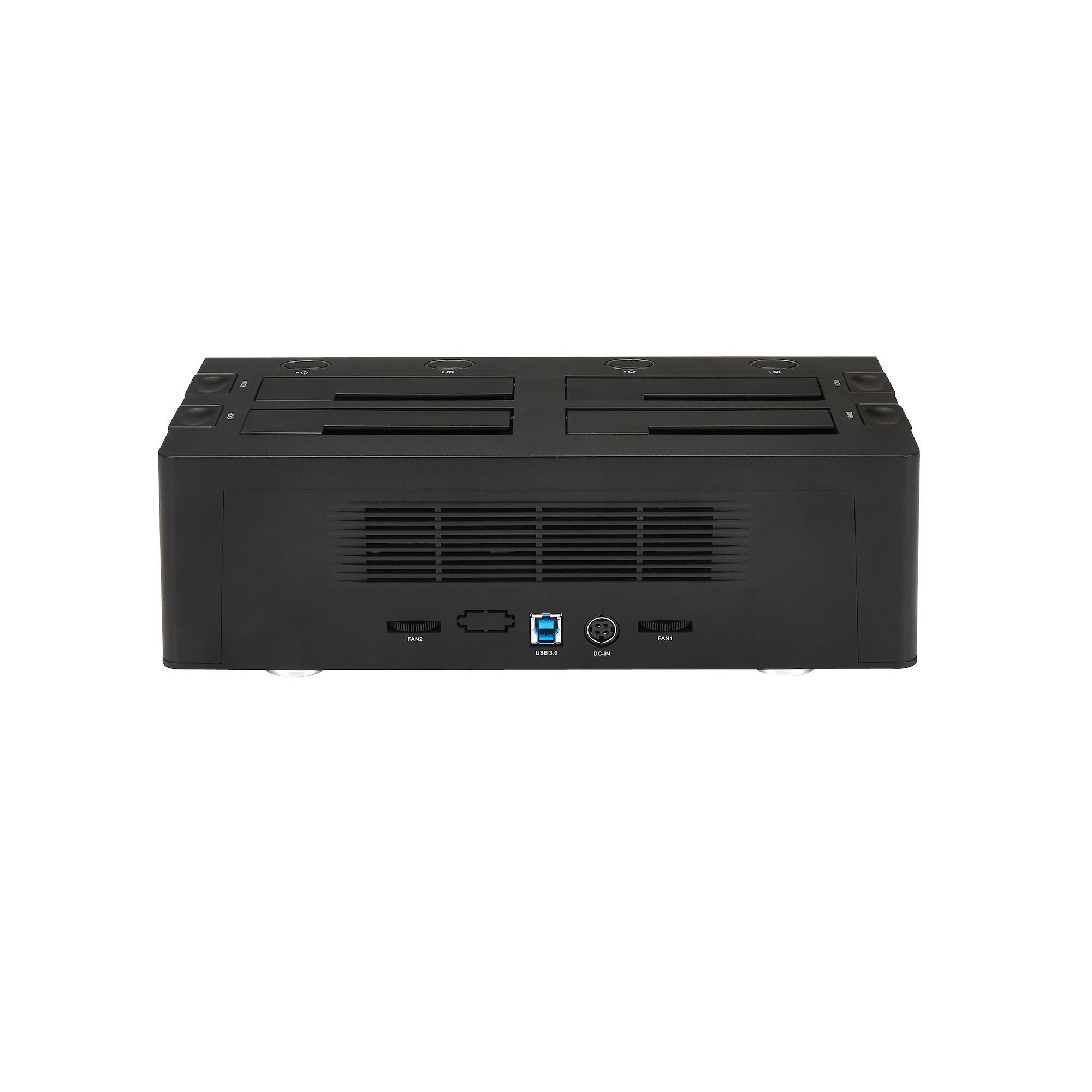 Schwarze Dockingstation mit mehreren Steckplätzen. Sie hat USB-, Strom- und Lüfteranschlüsse. Der Hintergrund ist weiß.
