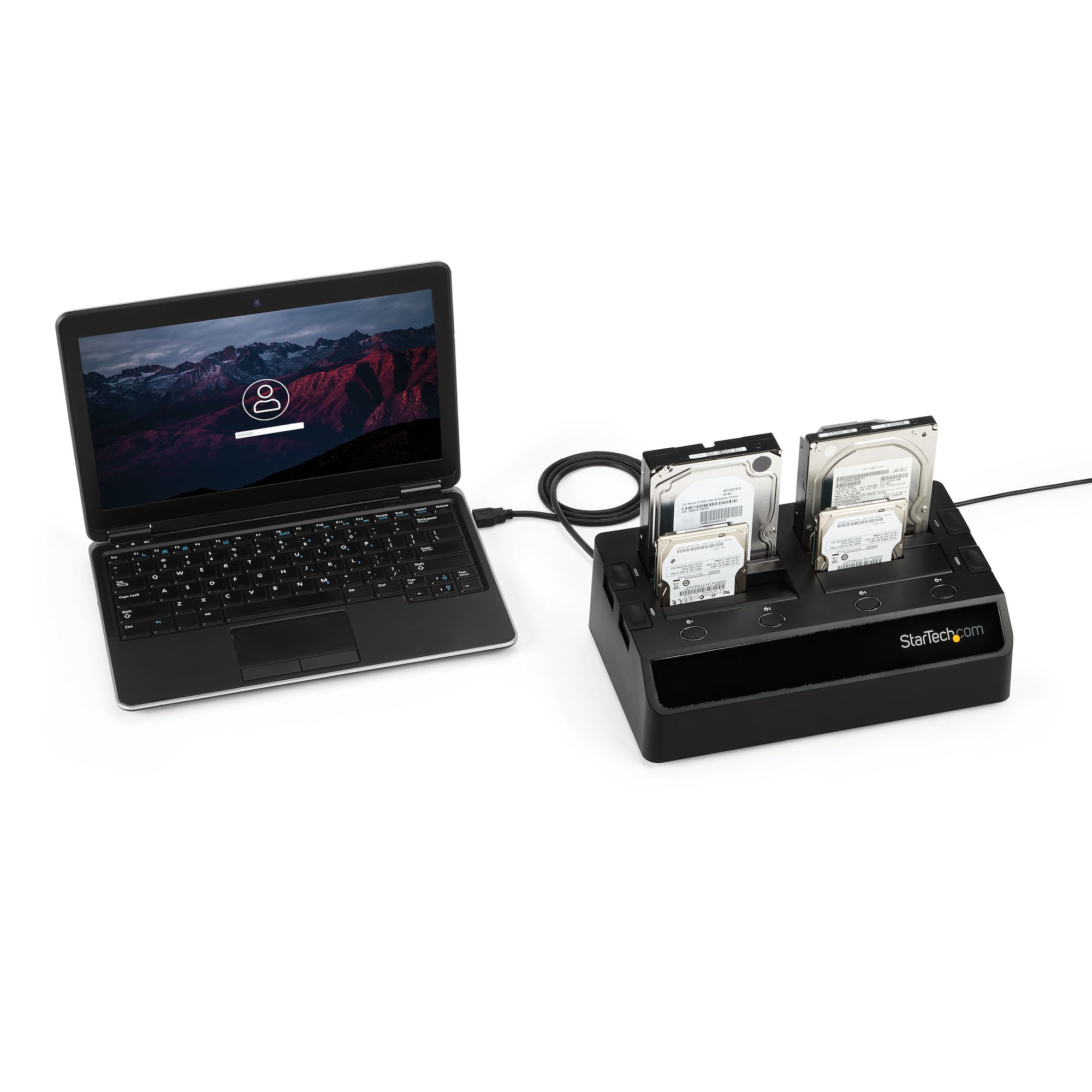 Laptop neben einer Festplattendockingstation mit drei Festplatten. Der Laptop-Bildschirm zeigt einen Anmeldebildschirm.