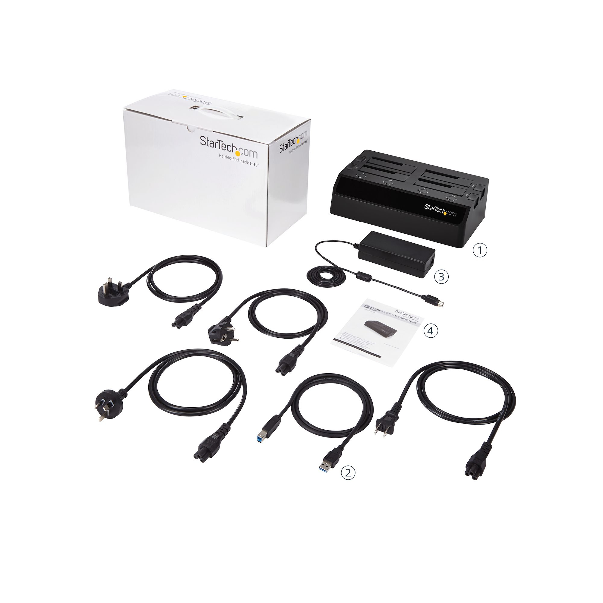 Eine Auswahl an StarTech.com-Produkten: Dockingstation, Netzkabel, USB-Kabel, Netzteil und eine Box mit dem Logo.