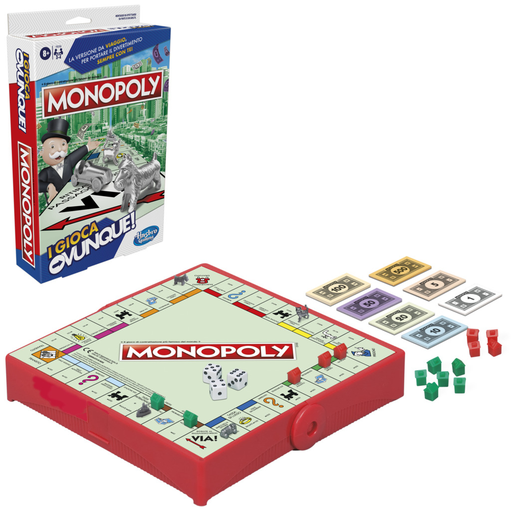 Ein Monopoly-Reisespielset. Enthält Spielbrett, Würfel, Geld, Häuser, Hotels und die Spielbox. Alles ist rot und grün.