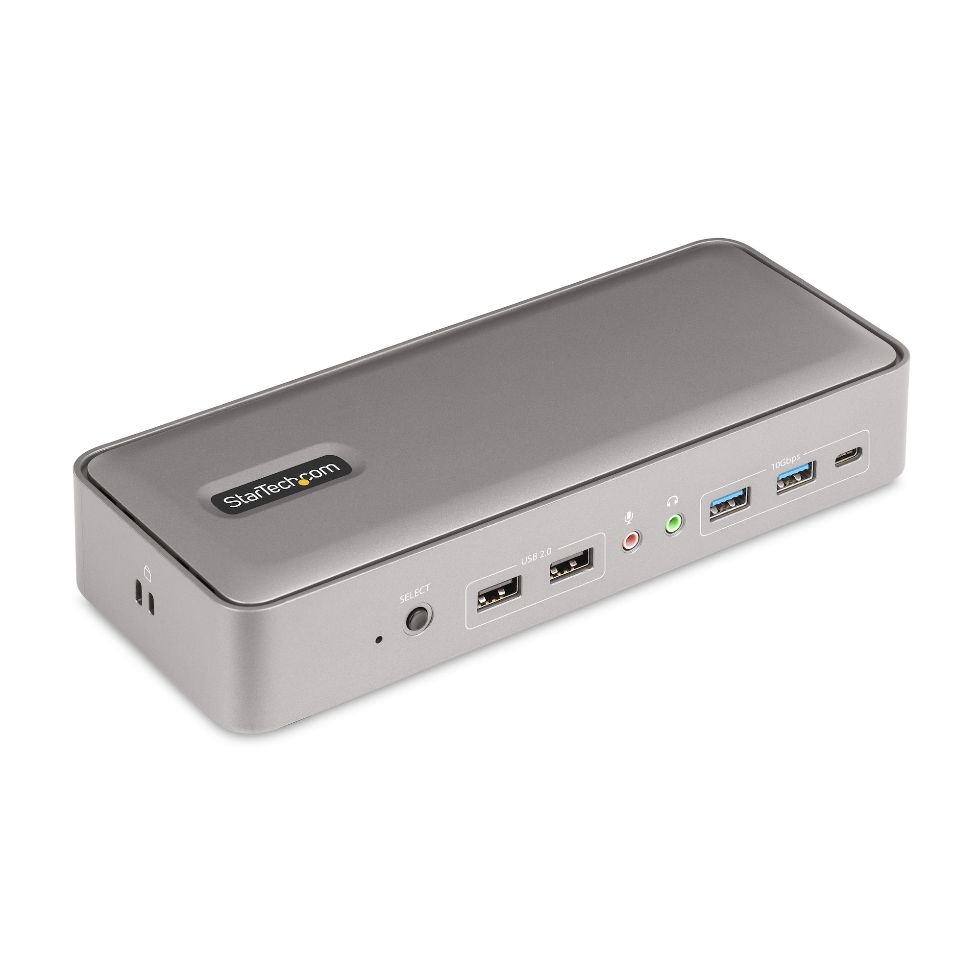 Silberne StarTech-Dockingstation. Sie hat USB-Anschlüsse, Audiobuchsen und eine Auswahltaste.