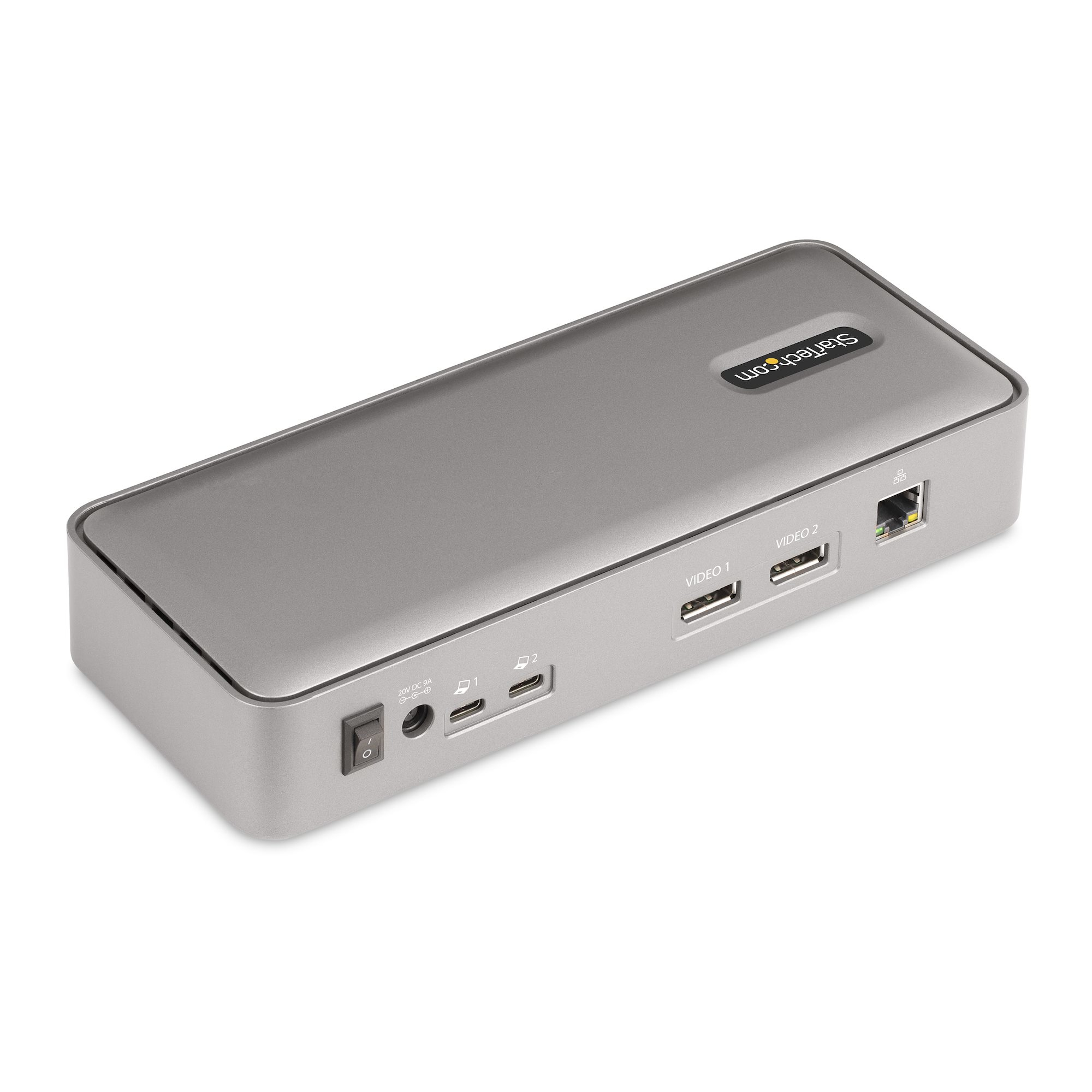 Silberne StarTech-Dockingstation. Sie verfügt über verschiedene Anschlüsse, darunter USB, Ethernet und Videoausgänge. Der Hintergrund ist weiß.