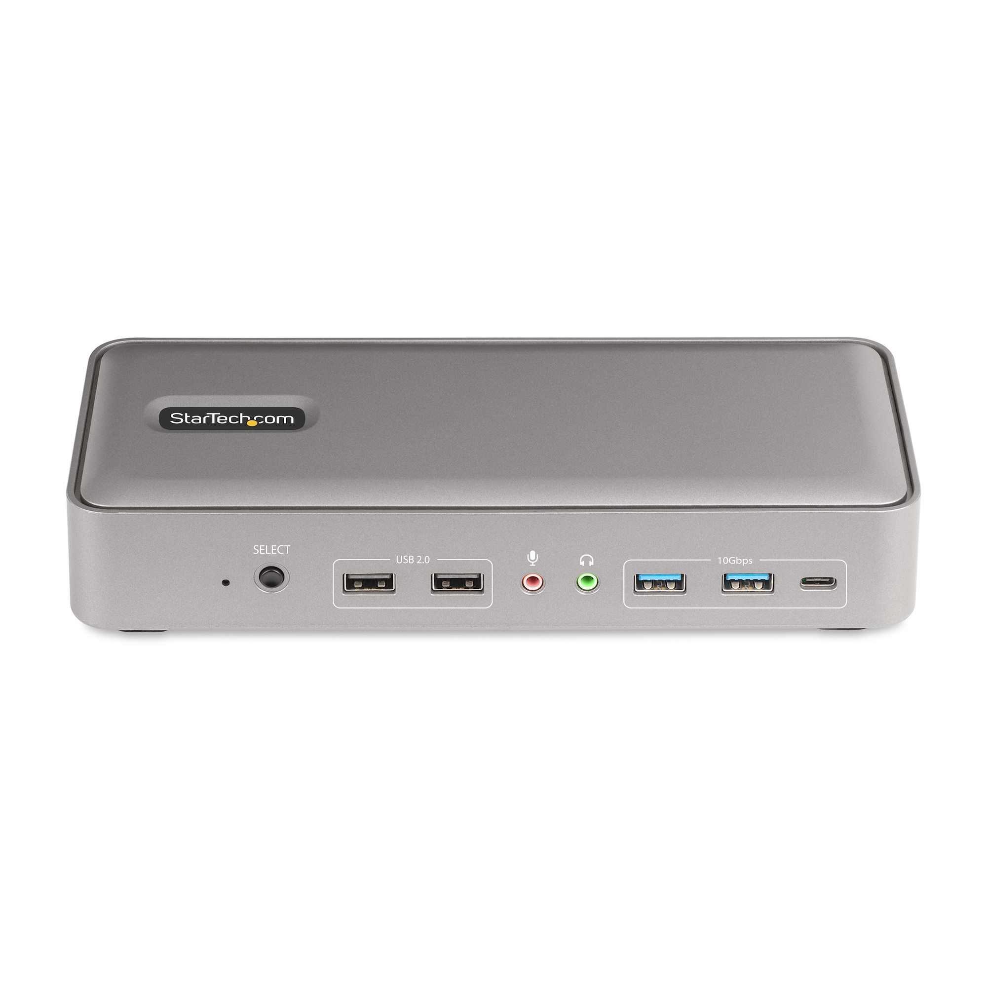 Ein silbernes StarTech.com-Gerät auf weißem Hintergrund. Es hat verschiedene Anschlüsse und Tasten mit der Bezeichnung USB 2.0, 10 Gbit/s und SELECT.