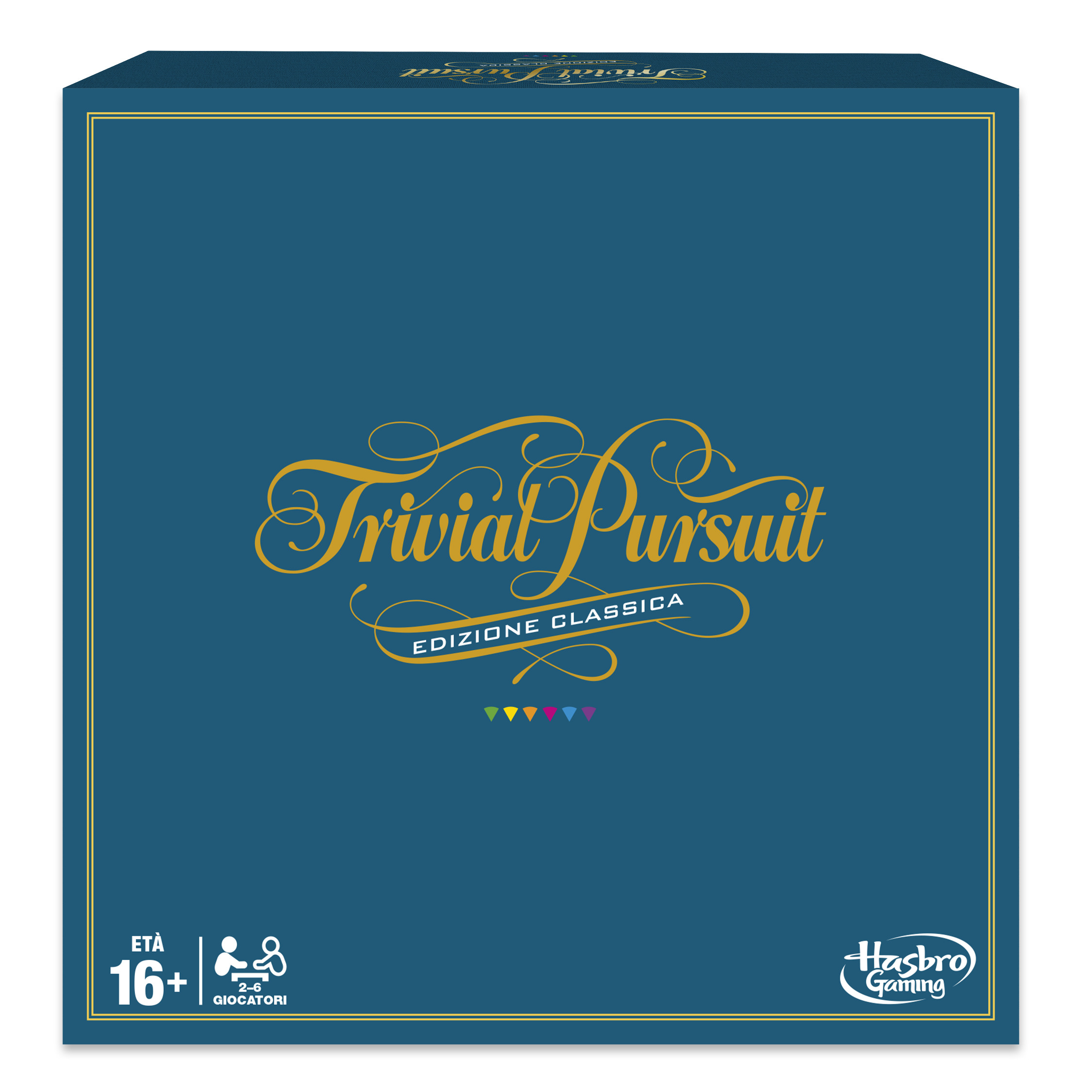Pudełko gry Trivial Pursuit. Jest granatowe ze złotym tekstem i akcentami. Pokazuje logo Hasbro Gaming.