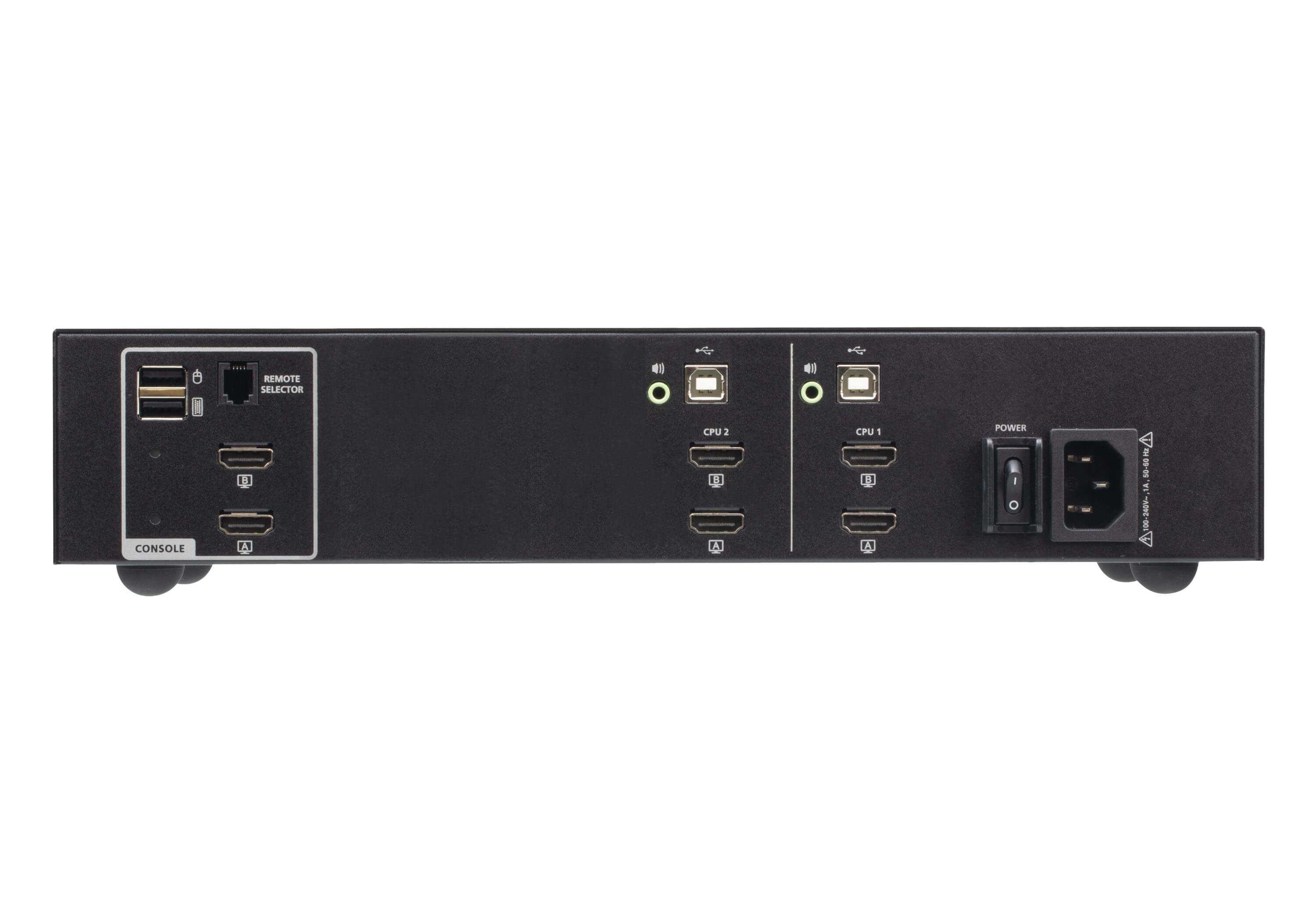 Appareil électronique noir avec plusieurs ports. Les étiquettes incluent CPU 1, CPU 2, alimentation, console et sélecteur à distance.