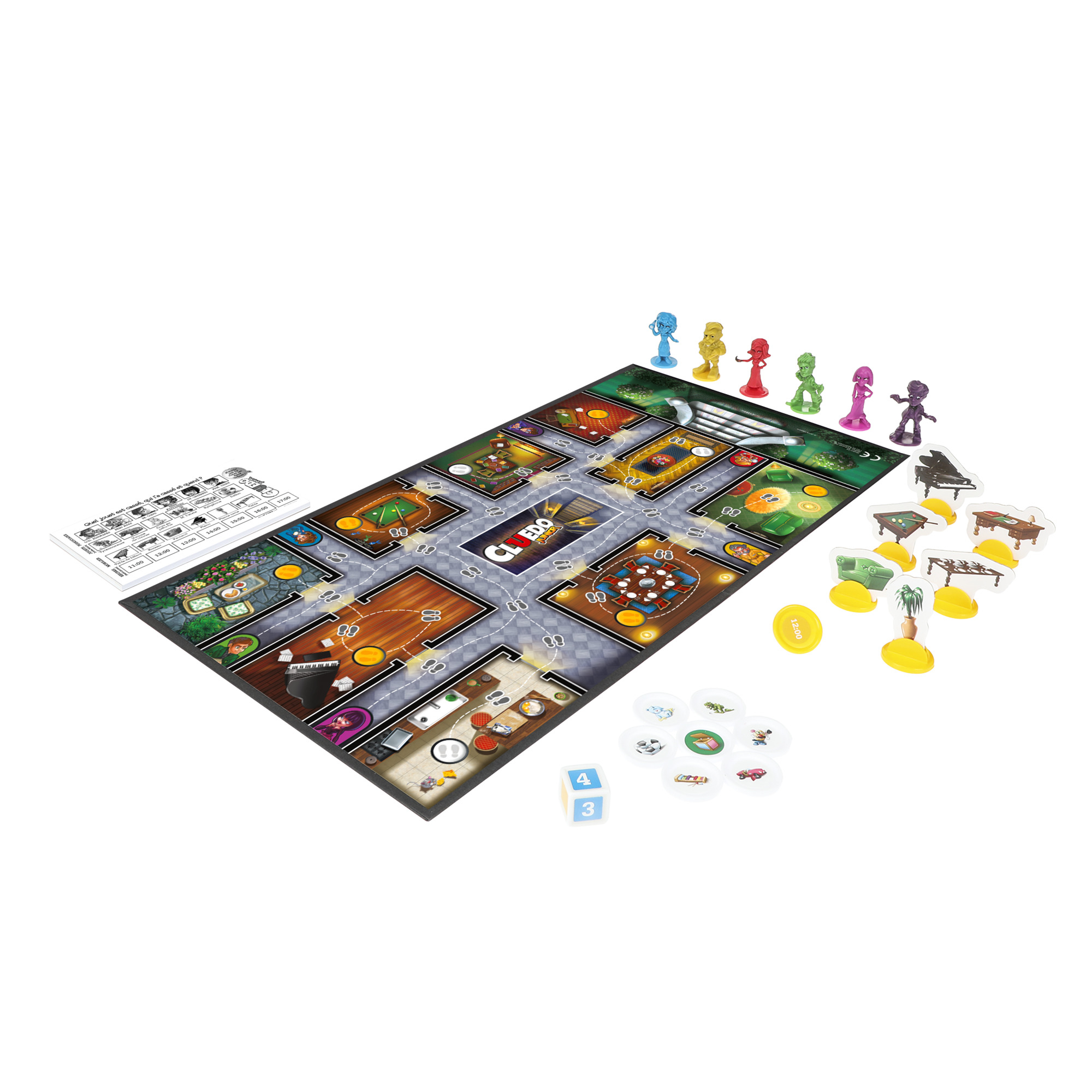 Ein Cluedo-Brettspiel mit Spielfiguren und Karten. Das Spielbrett zeigt Räume. Bunte Spielerfiguren stehen oben.