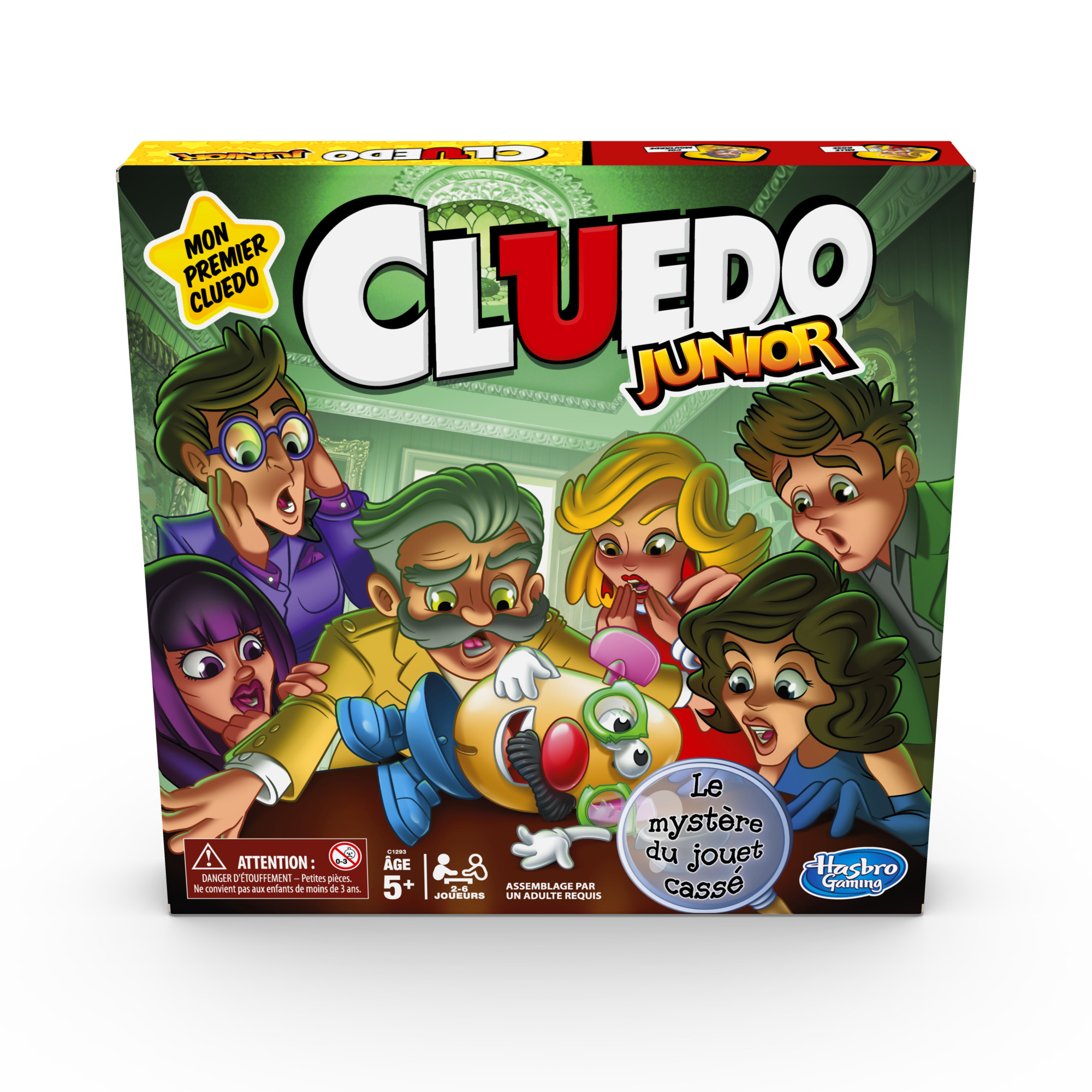 Cluedo Junior-Box-Art, mit geschockten Zeichentrickfiguren, die sich ein kaputtes Spielzeug ansehen, mit grünem Hintergrund.
