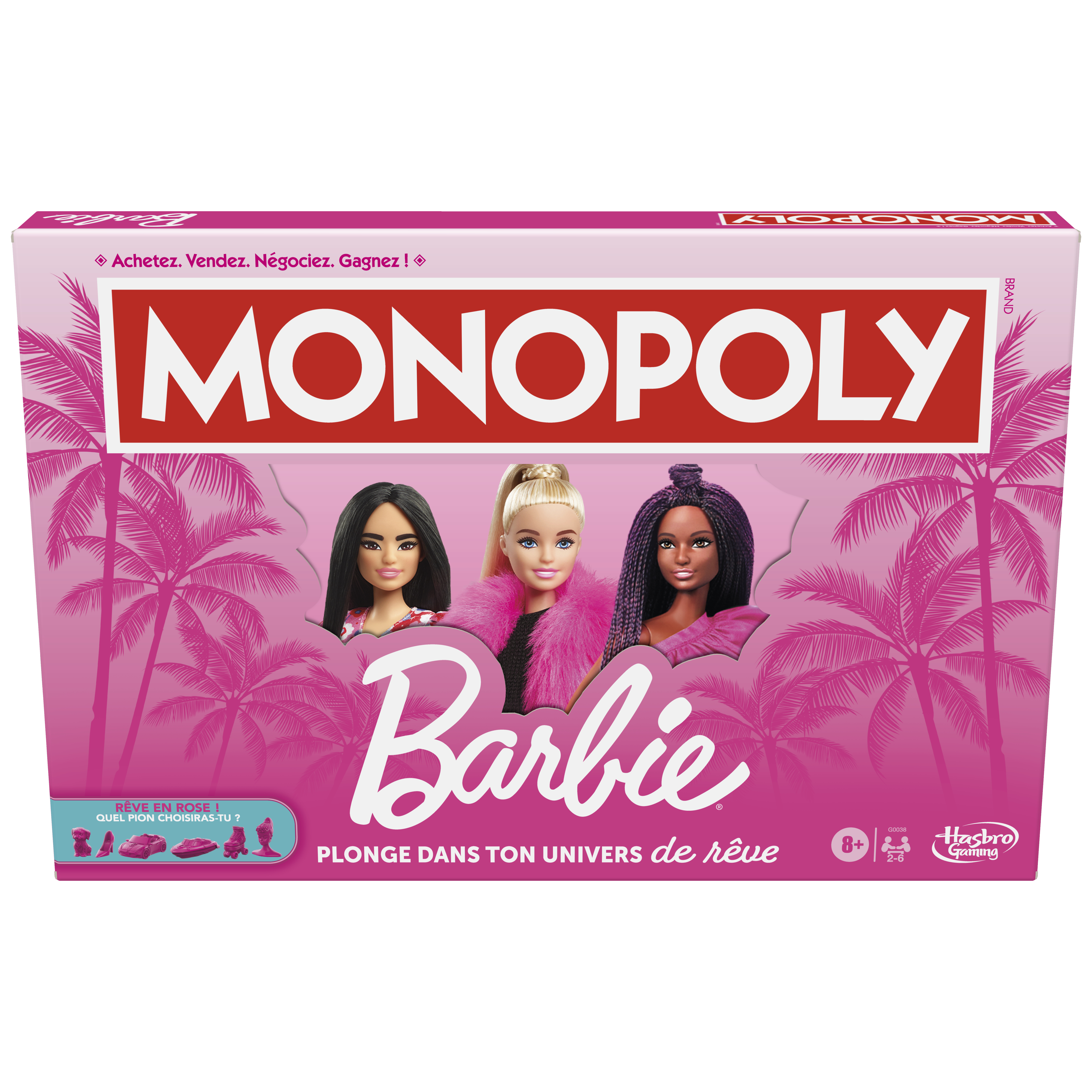 Pudełko gry planszowej Monopoly Barbie. Zawiera lalki Barbie i różowe palmy.