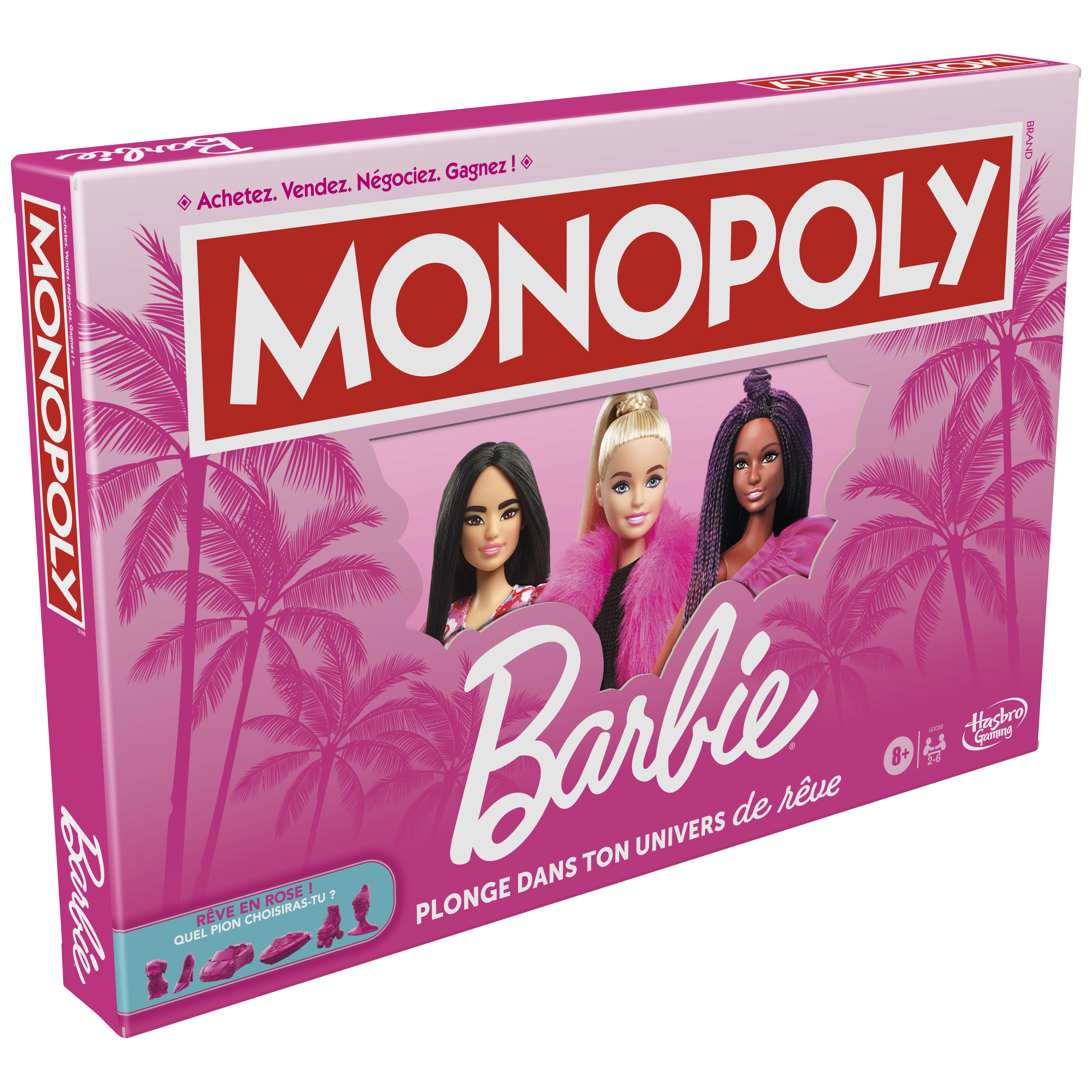 Pudełko gry planszowej Monopoly Barbie. Zawiera lalki Barbie i różowe palmy. Tekst obejmuje 'Monopoly' i 'Barbie'.