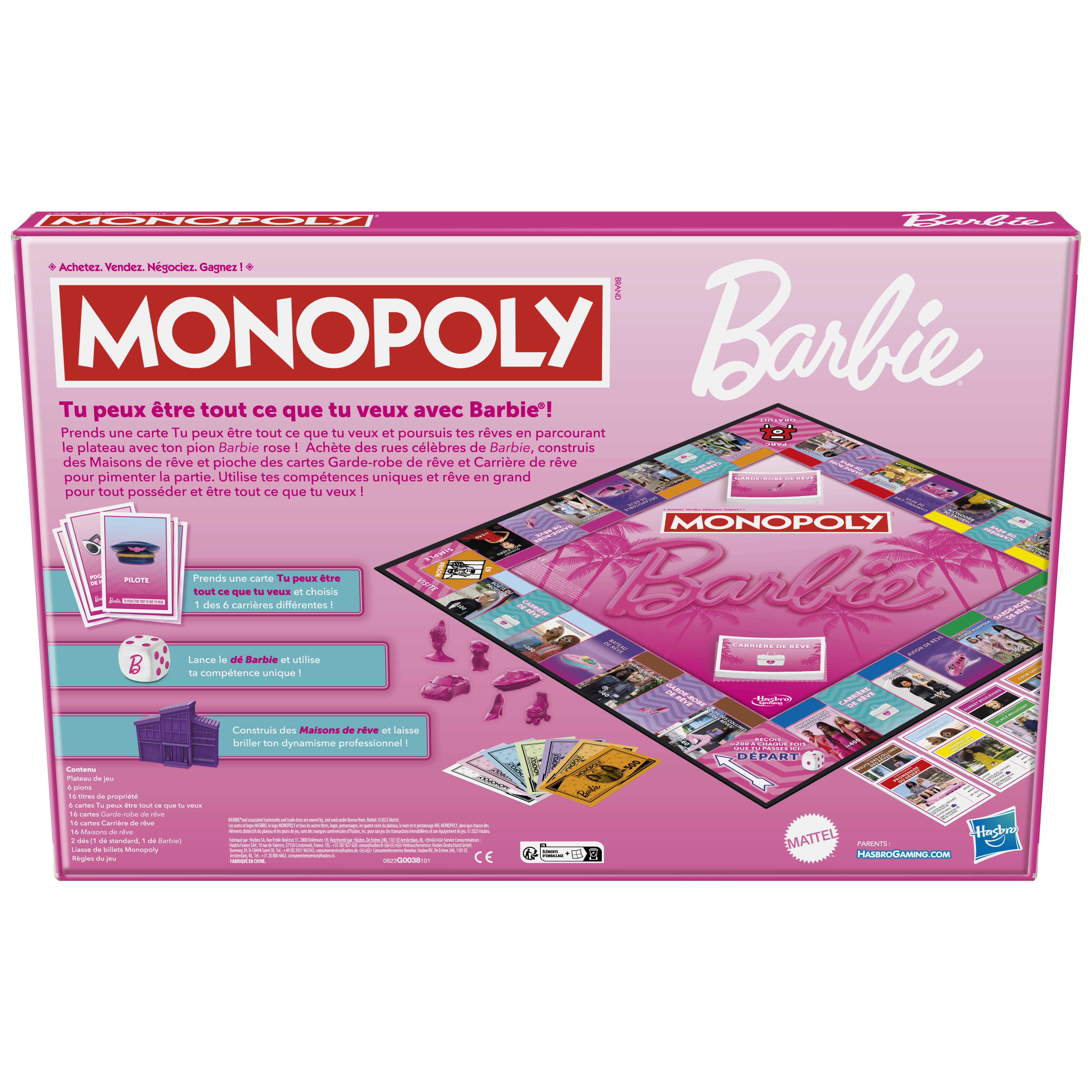 Pudełko gry planszowej Monopoly Barbie. Różowe tło, pionki i logo Barbie.