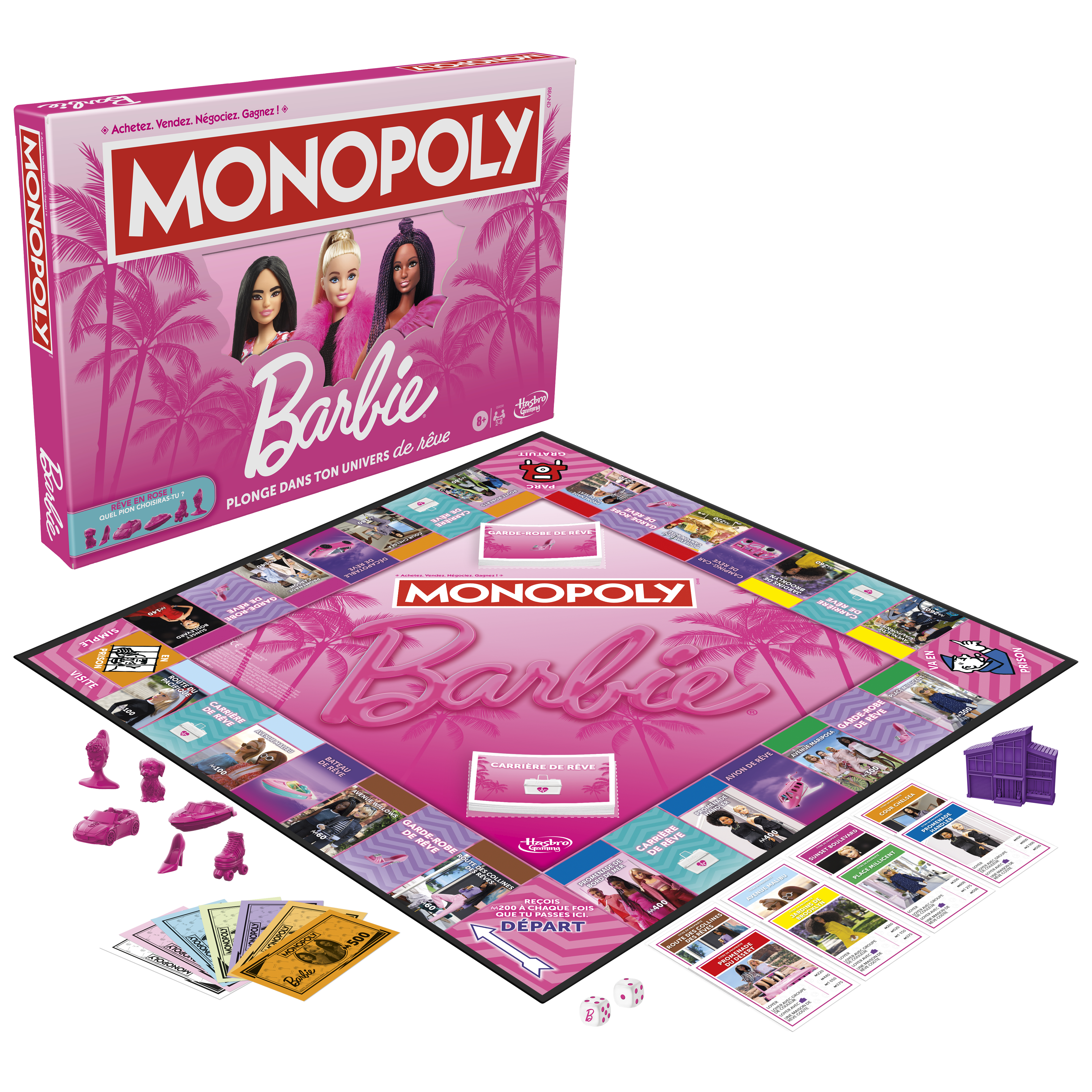 Gra planszowa Monopoly Barbie. Różowy motyw, lalki Barbie, pionki i pieniądze w ekspozycji.
