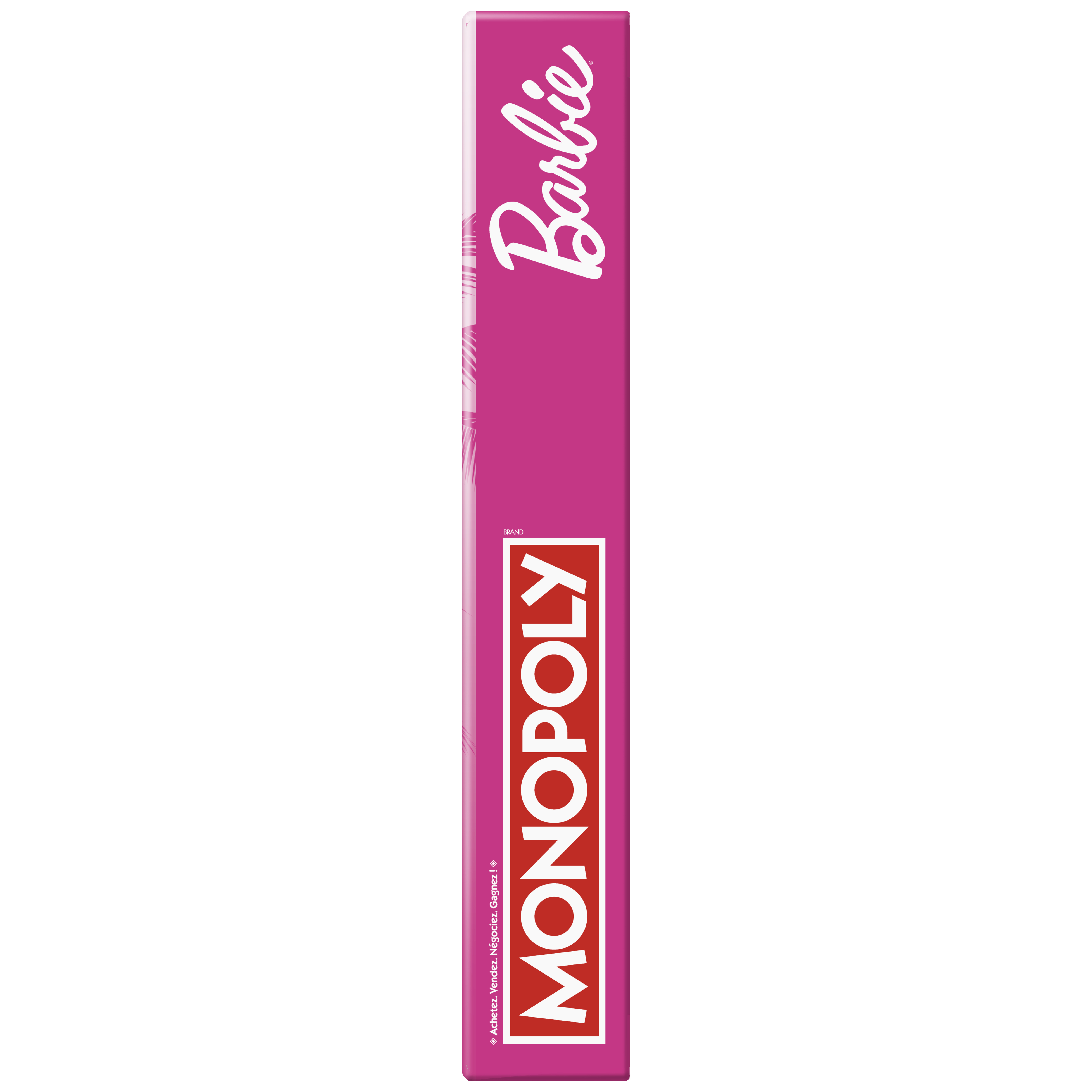 Pionowe pudełko jest różowe z logo Barbie i tekstem Monopoly. To gra Monopoly z motywem Barbie.