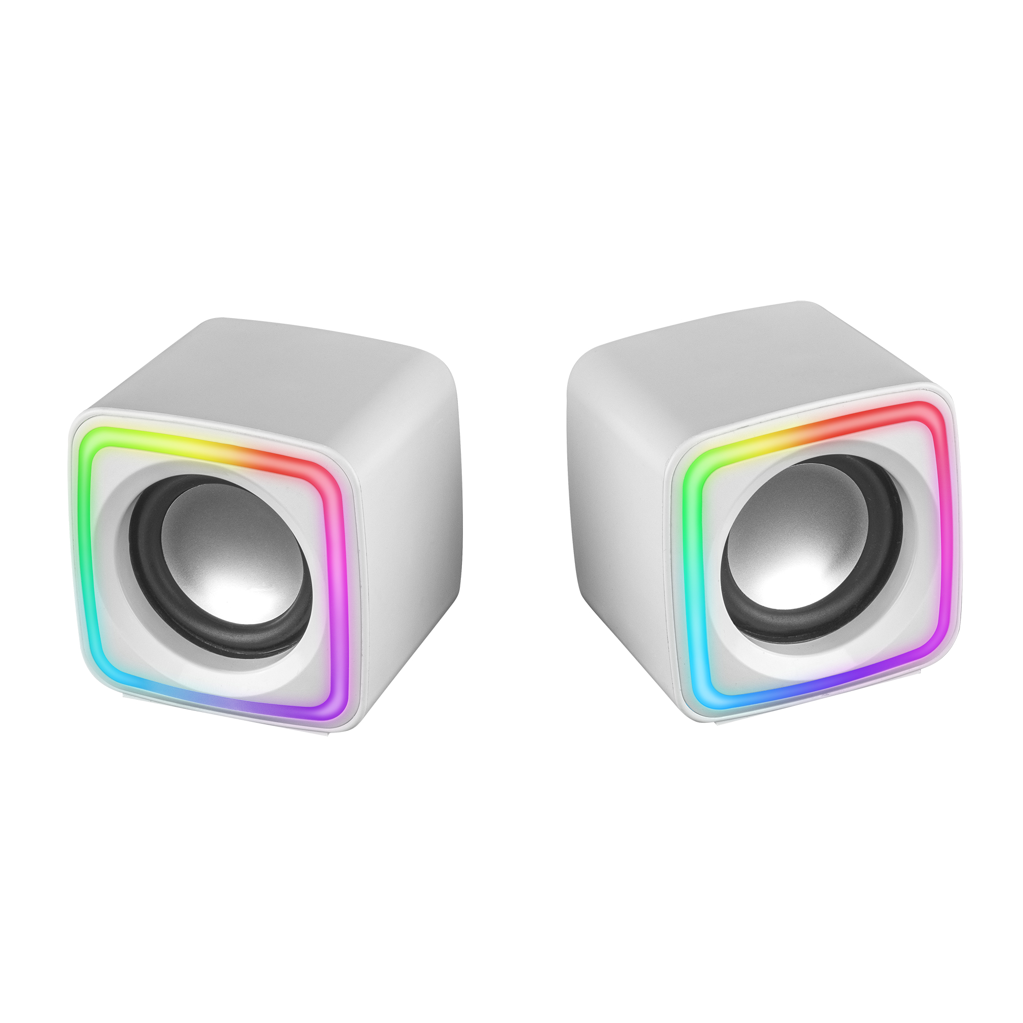 Dos altavoces blancos en forma de cubo con luces LED de arcoíris en los bordes. Cada uno tiene un altavoz negro central.
