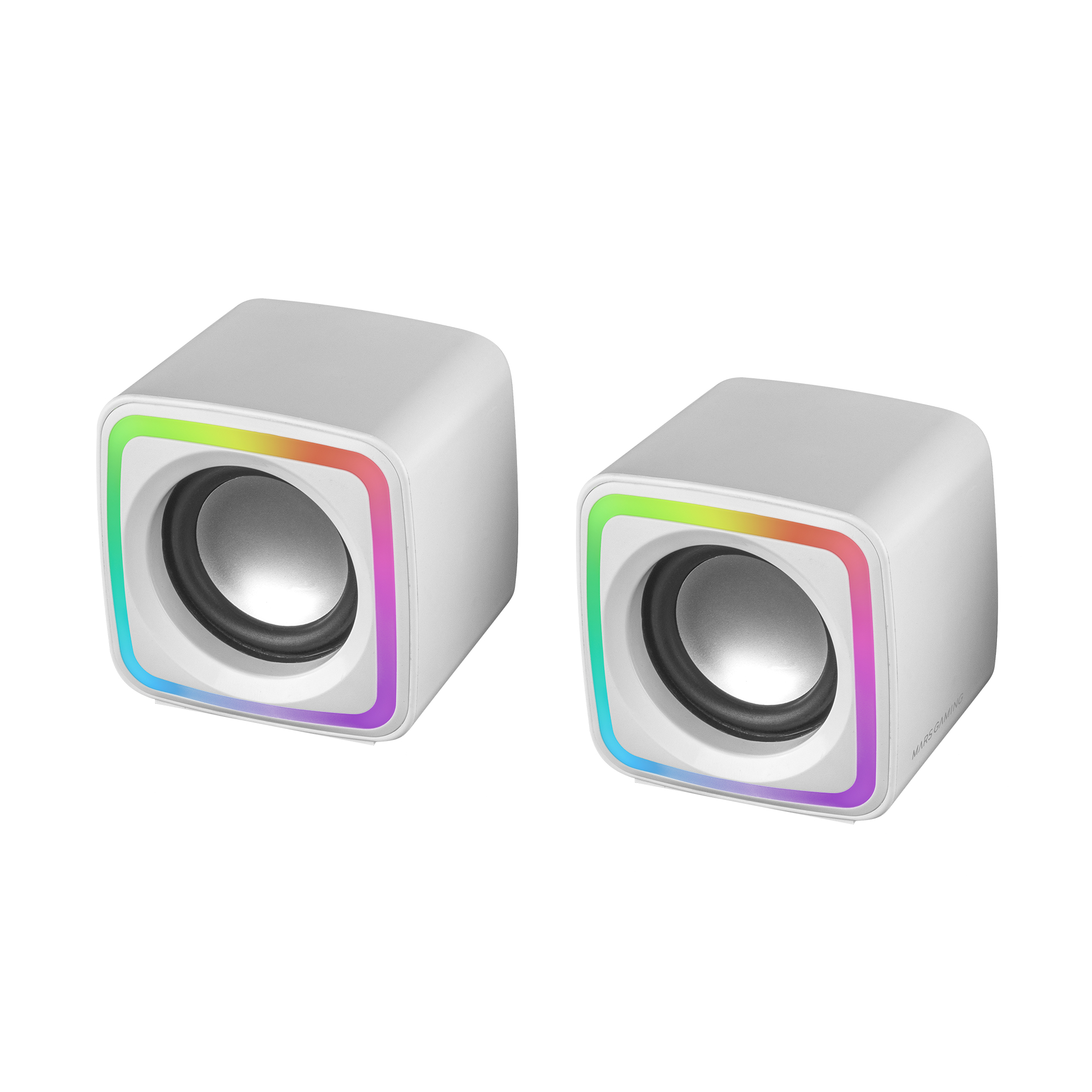 Dos altavoces cuadrados blancos con contornos LED arcoíris están sobre un fondo blanco. Cada uno tiene un altavoz central.