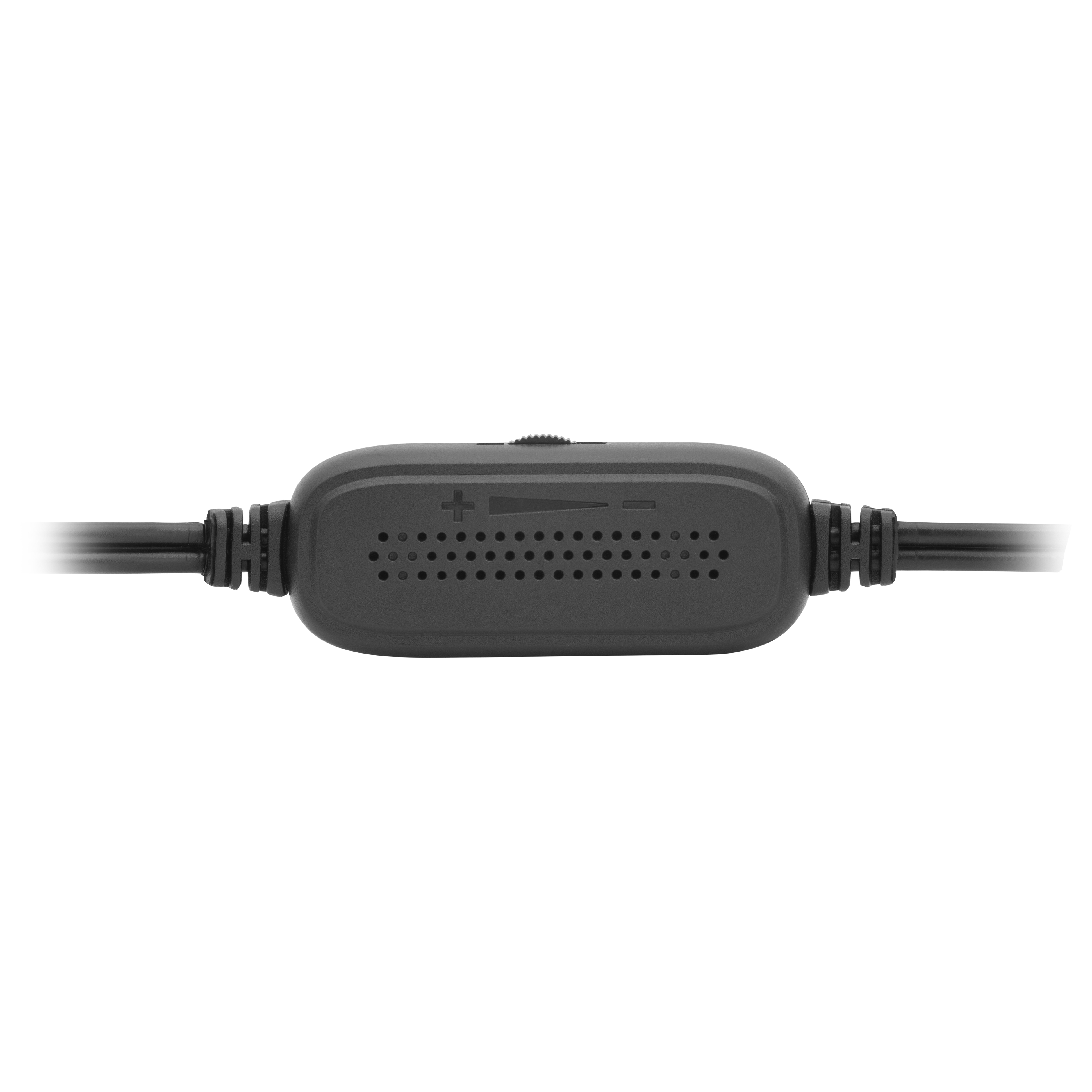 Primer plano de un control de volumen negro con un control deslizante y símbolos de más/menos, con cables negros.