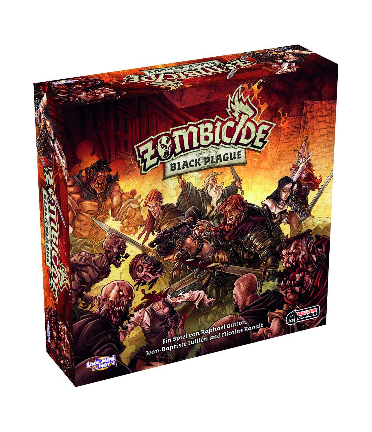 Pudełko gry Zombicide Black Plague przedstawia scenę bitwy z zombie i wojownikami. Grafika na pudełku jest mroczna, z płomieniami i akcją.