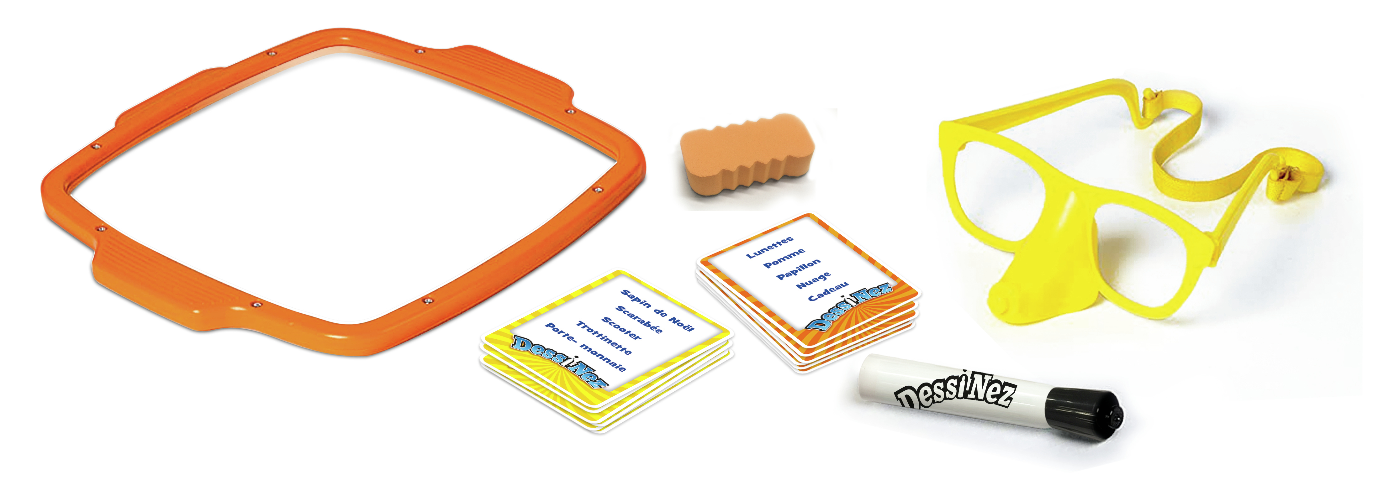 Obraz przedstawia pomarańczową ramkę, gąbkę, karty, żółte okulary i marker. Tekst na kartach jest po francusku.