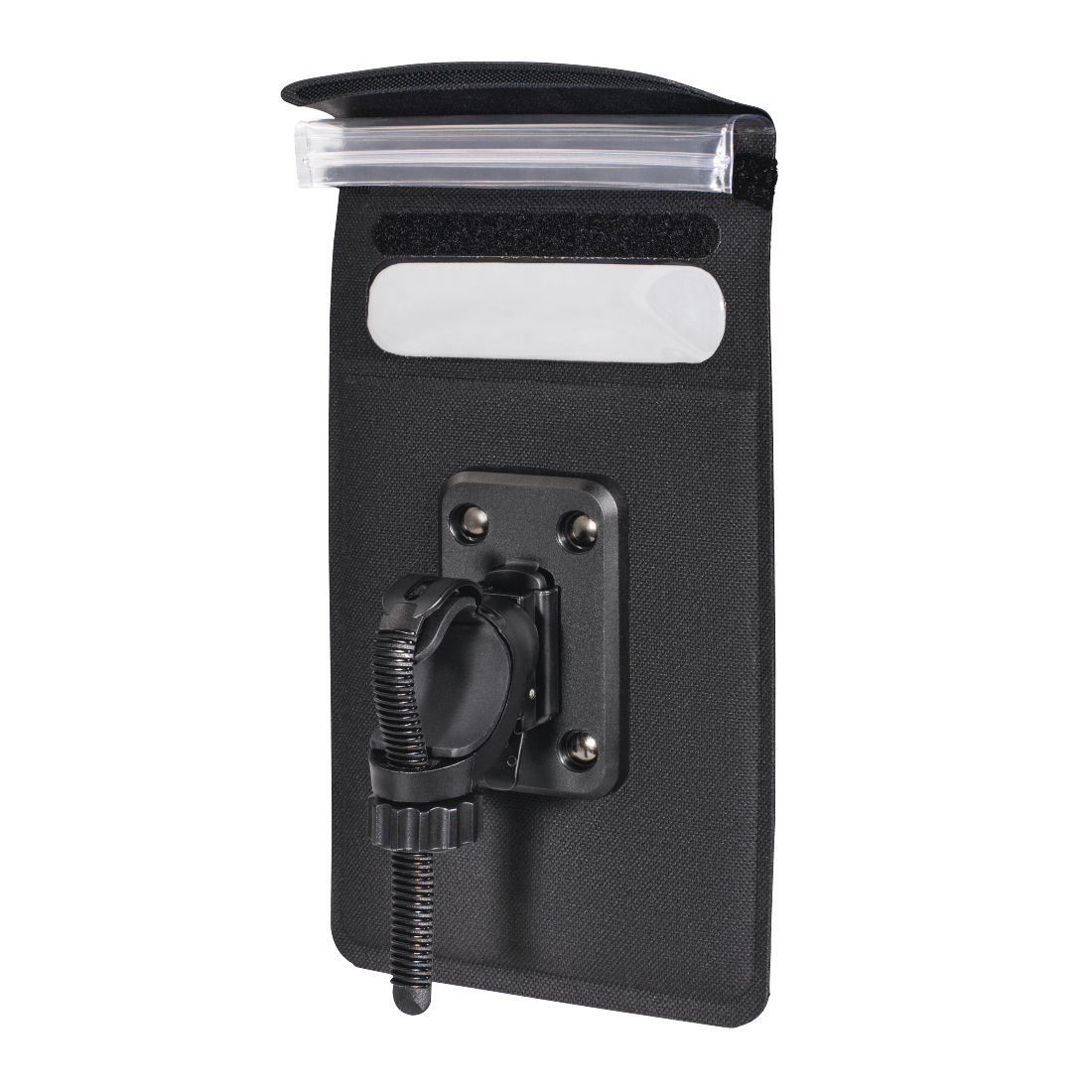 Czarny, wodoodporny pokrowiec na telefon z przezroczystym okienkiem i uchwytem rowerowym na białym tle.