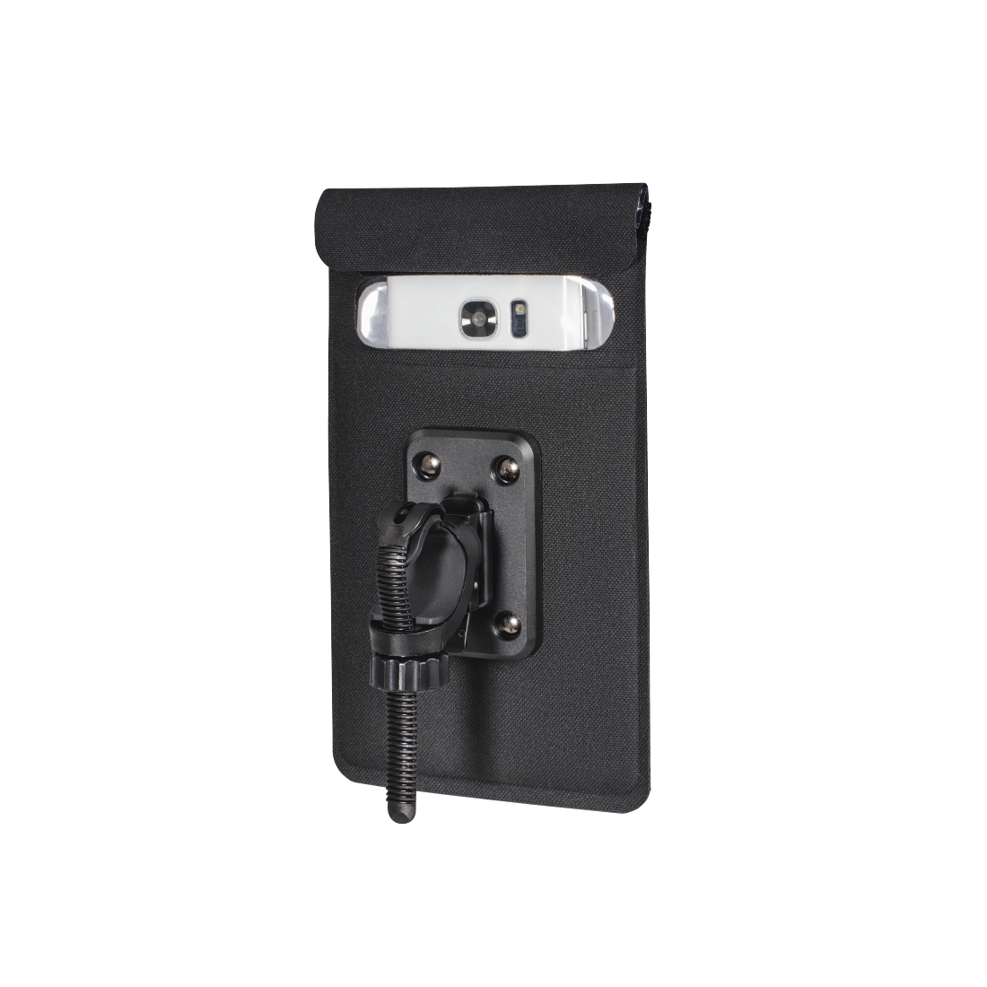 Czarny pokrowiec na telefon z widocznym w środku telefonem. Z tyłu ma przymocowany system montażowy. Wyizolowany na białym tle.