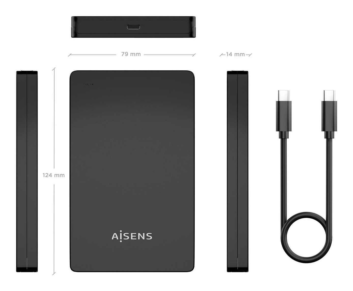 Disco duro externo negro con dimensiones etiquetadas. Incluye un cable USB. La marca es 'AISENS'.