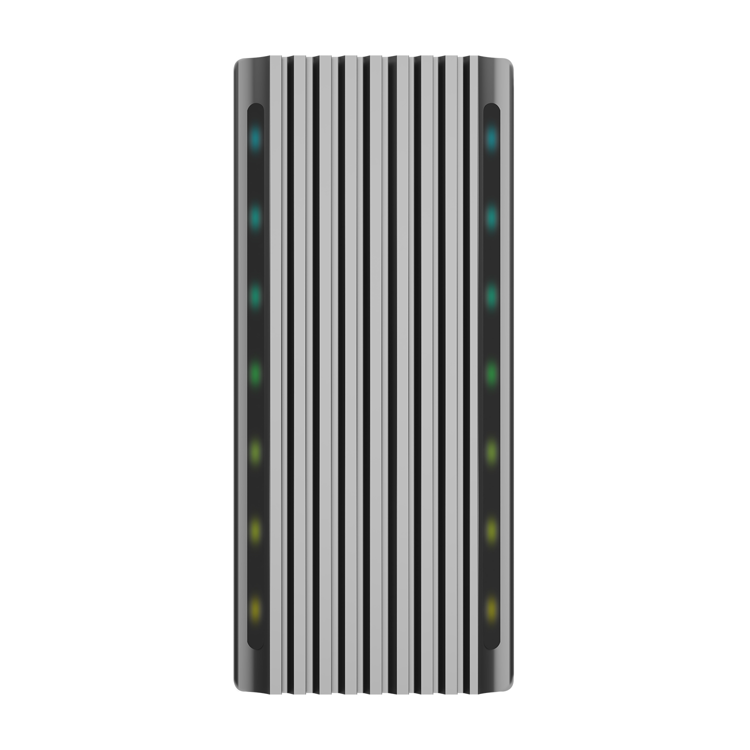 Un dispositivo rectangular con crestas verticales, gris y negro. Tiene una fila de luces de colores a cada lado.