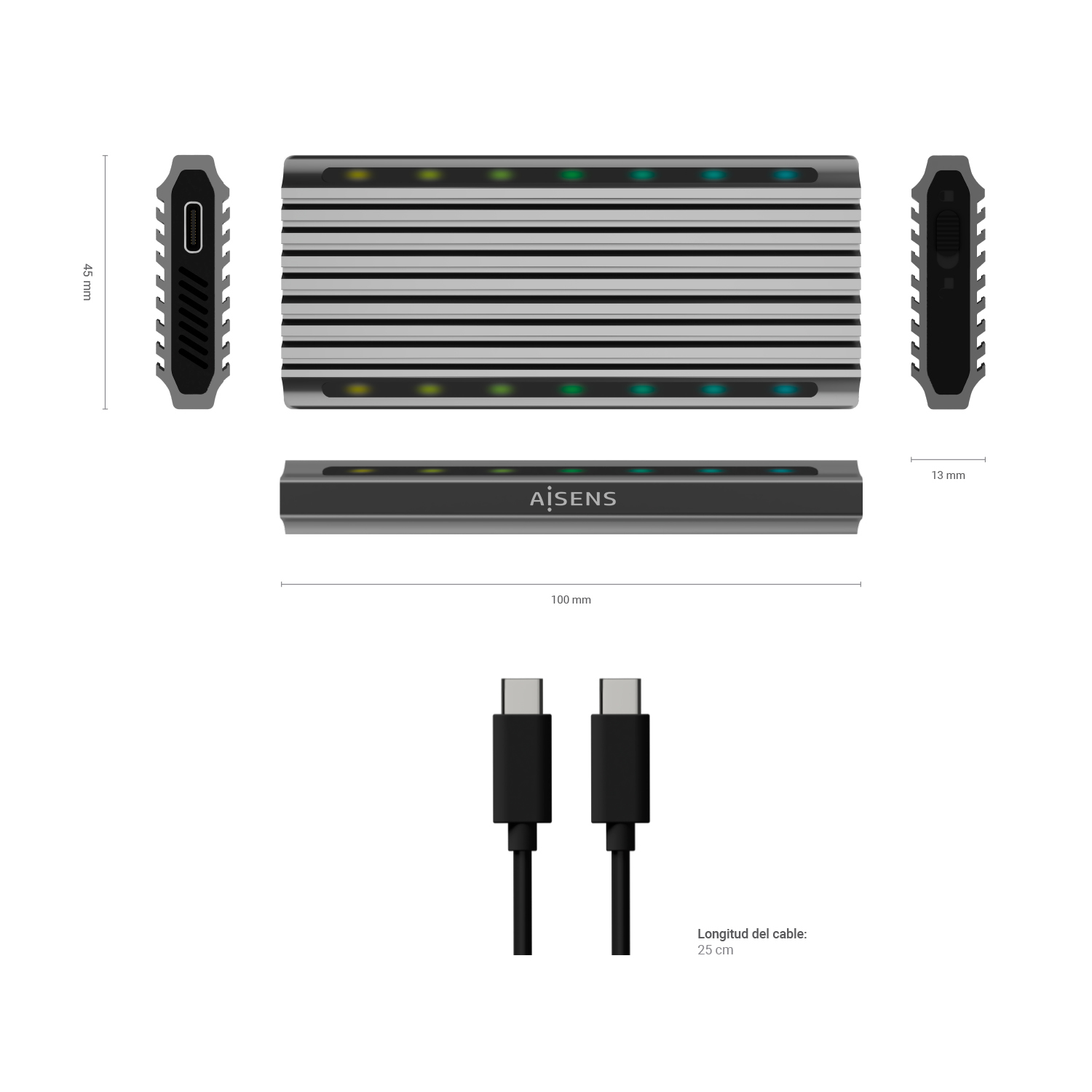 Un dispositivo plateado y negro con luces verdes, se muestran las dimensiones. Cables USB-C abajo. Texto dice 'AISENS' y longitud del cable.