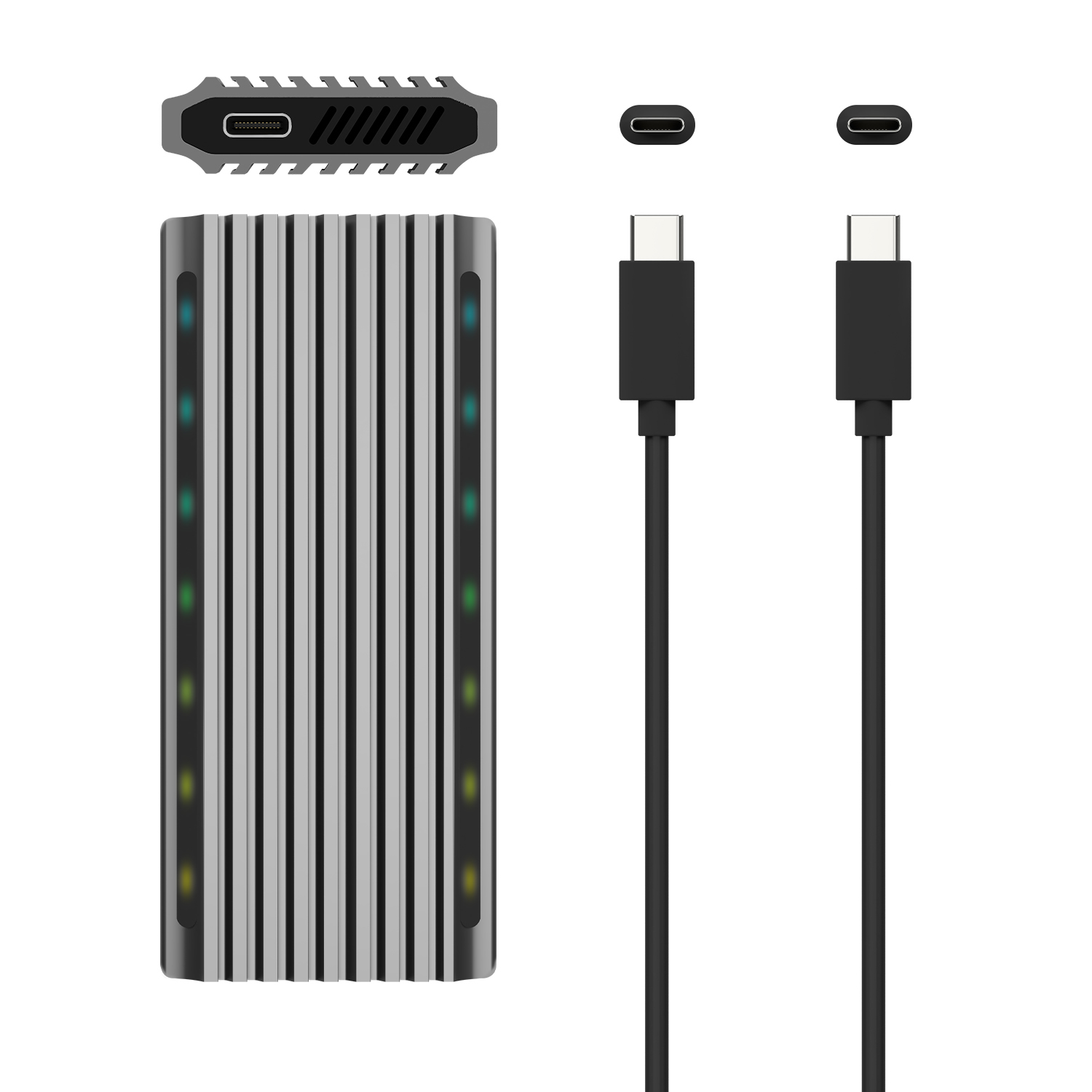 Un dispositivo plateado y gris con puertos USB-C, cables y una vista superior. Los LED iluminan los lados.