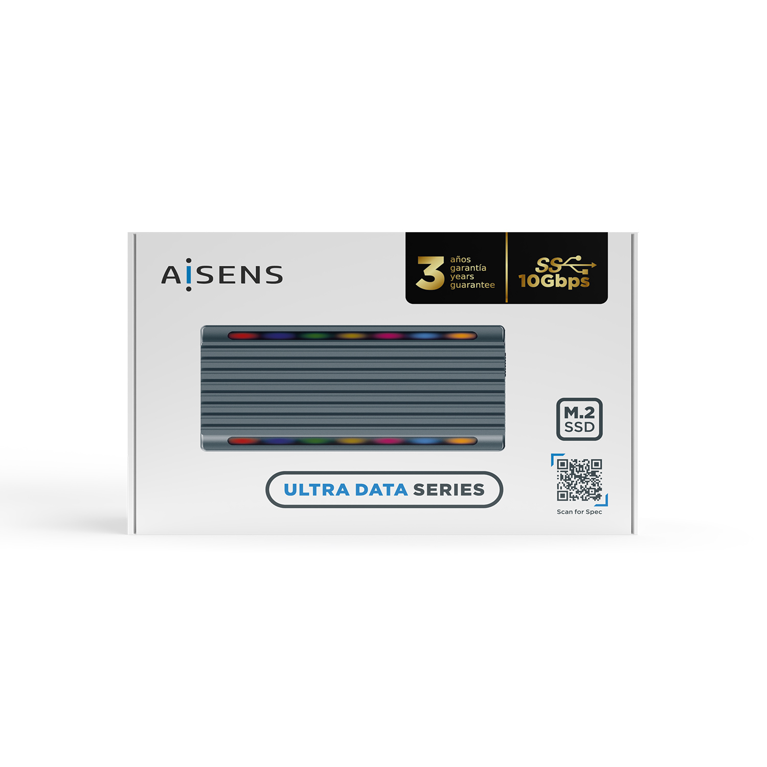 Una caja blanca con imagen de SSD plateado, 'Ultra Data Series'. Tiene 3 años de garantía y 10 Gbps de velocidad.