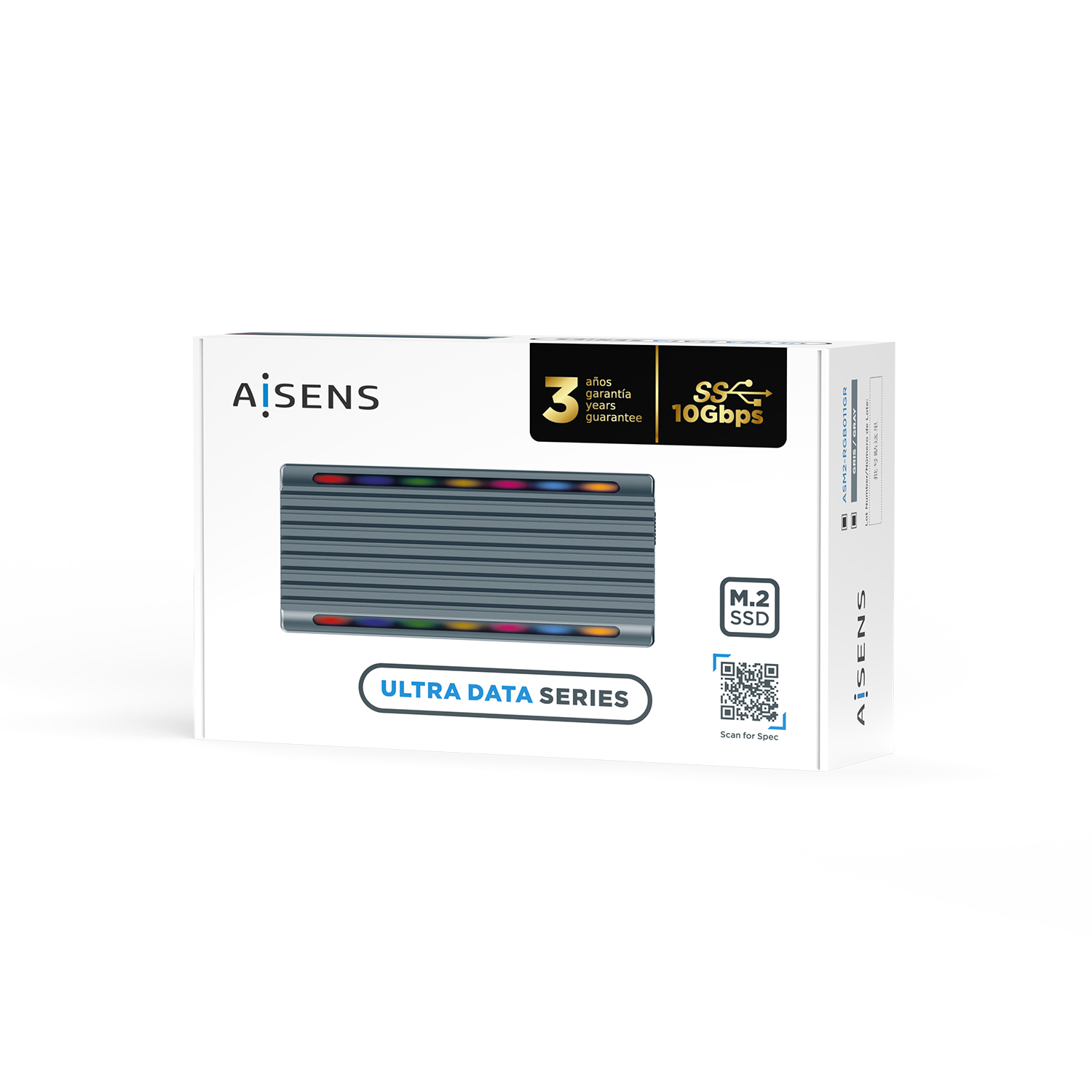 Una caja blanca con un SSD M.2 gris. Tiene la marca 'AISENS', 'Ultra Data Series', '3 años de garantía' y 'SS 10Gbps'. Código QR presente.