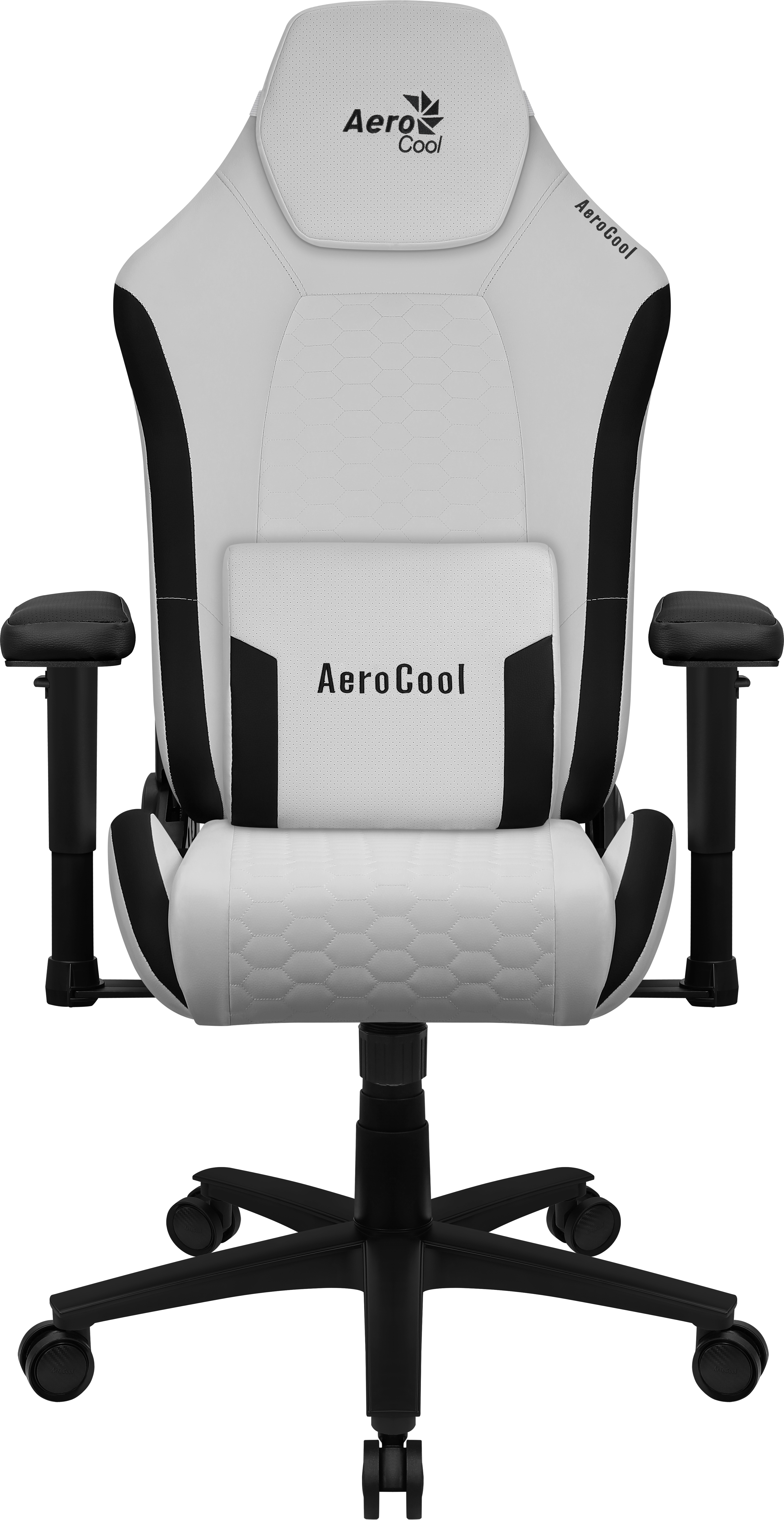 Ein weiß-schwarzer AeroCool-Gaming-Stuhl. Er hat eine Kopfstütze, Rückenlehne, Sitzfläche, Armlehnen und eine Fünf-Sterne-Basis mit Rollen.