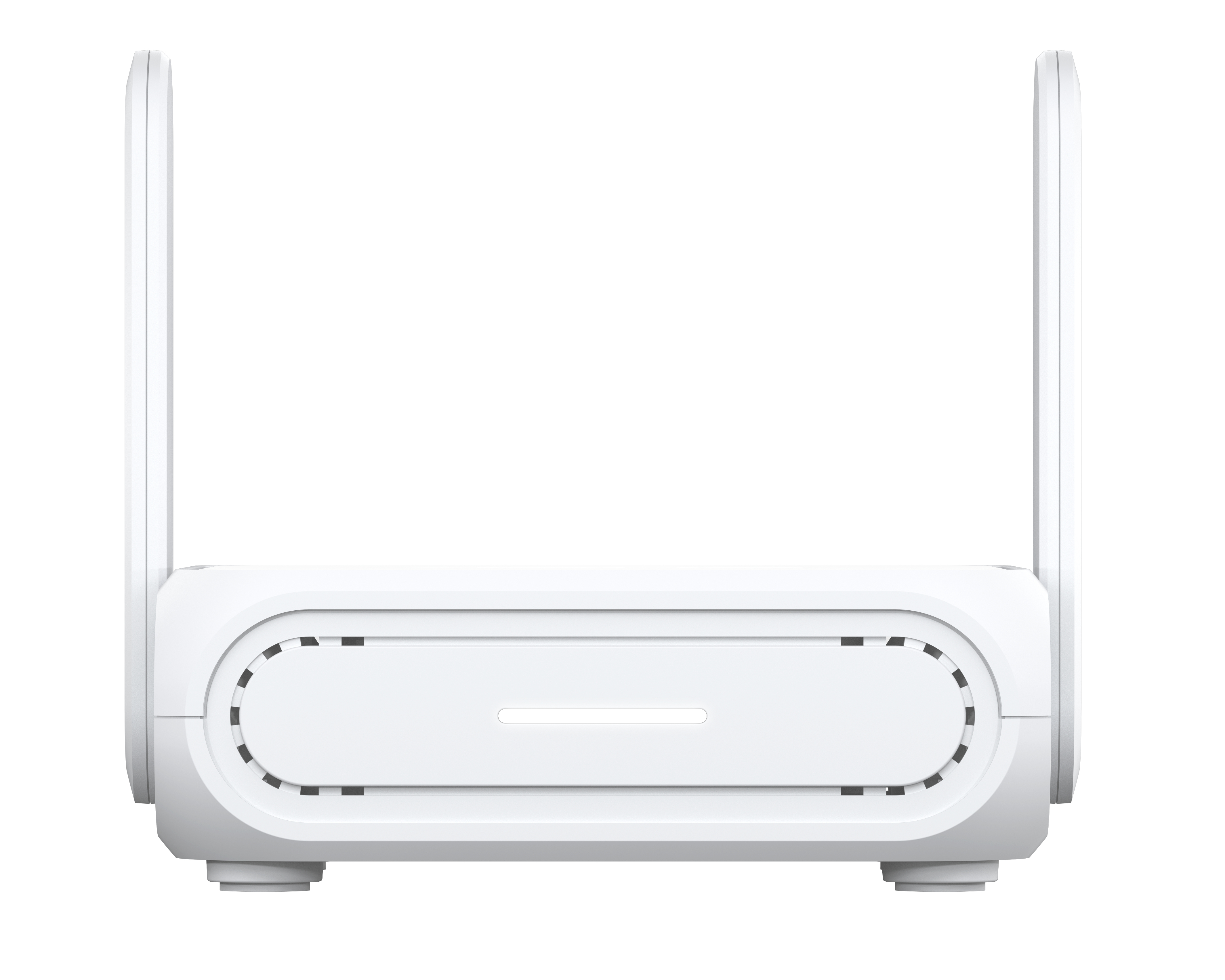 Ein weißer Router mit zwei Antennen und einem rechteckigen Gehäuse. Er hat mehrere Lüftungsschlitze und eine Betriebsanzeige.
