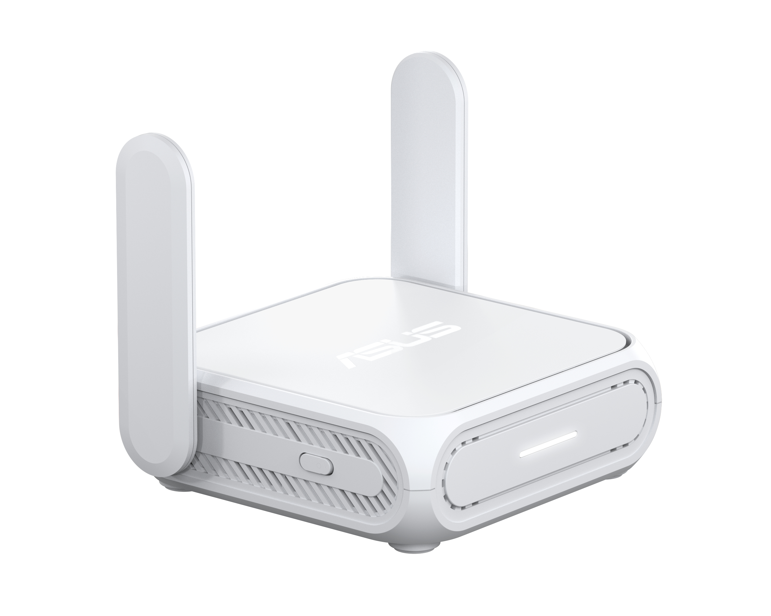 Ein weißer ASUS-Router mit zwei Antennen. Der Router ist quadratisch mit abgerundeten Kanten. Das ASUS-Logo ist sichtbar.