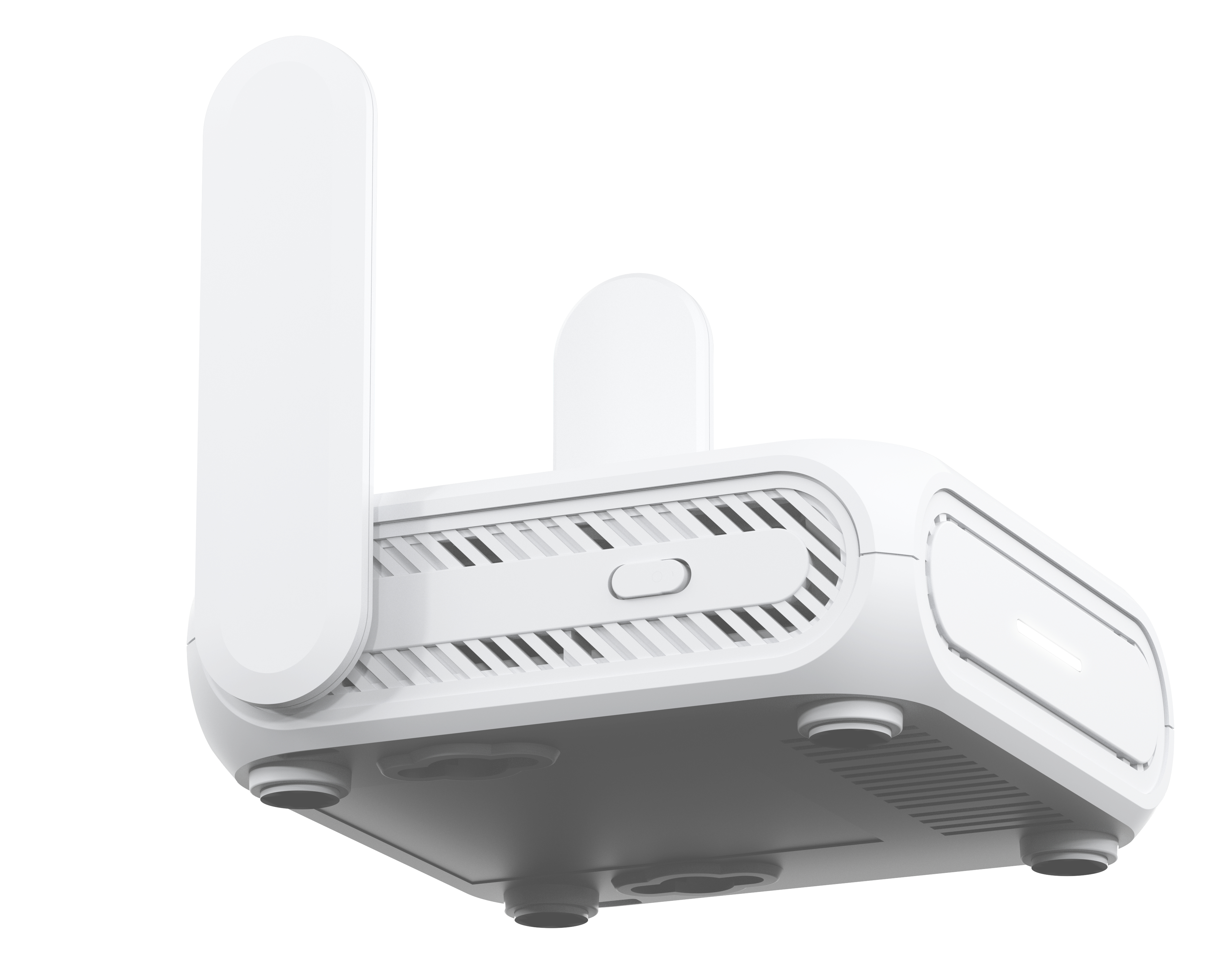 Ein weißer Router mit zwei Antennen wird aus einem niedrigen Winkel gezeigt. Er hat ein modernes Design und ist freigestellt.