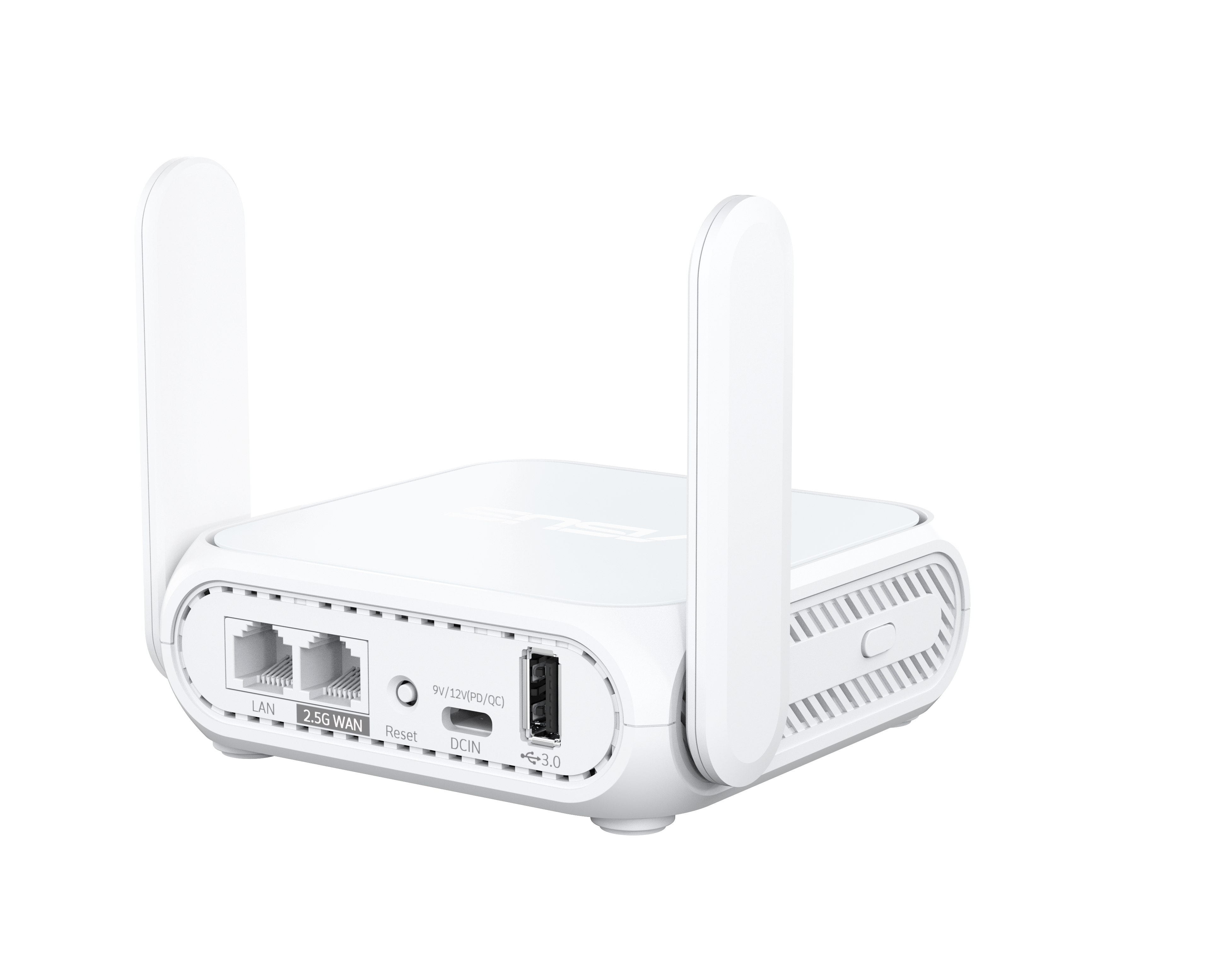 Ein weißer Router mit zwei Antennen. Er hat Anschlüsse mit der Bezeichnung LAN, 2,5G WAN und USB 3.0.