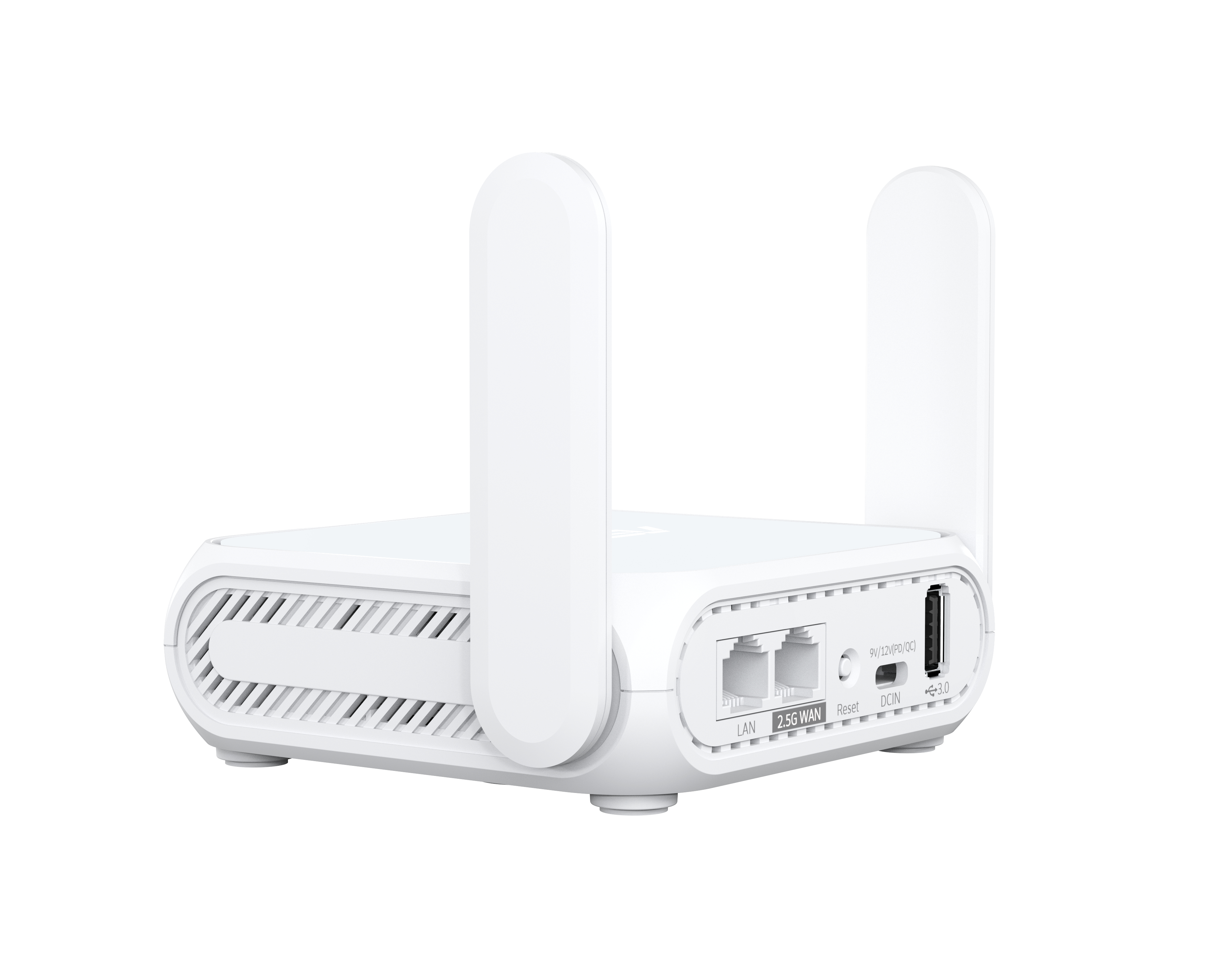 Ein weißer Router mit zwei Antennen. Er hat verschiedene Anschlüsse und einen USB-Anschluss. Der Hintergrund ist weiß.