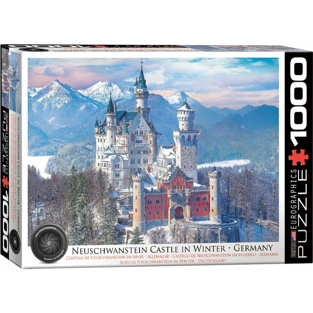 Puzzledose von Schloss Neuschwanstein im Winter. Das Schloss ist weiß und rot, mit schneebedeckten Bergen im Hintergrund.