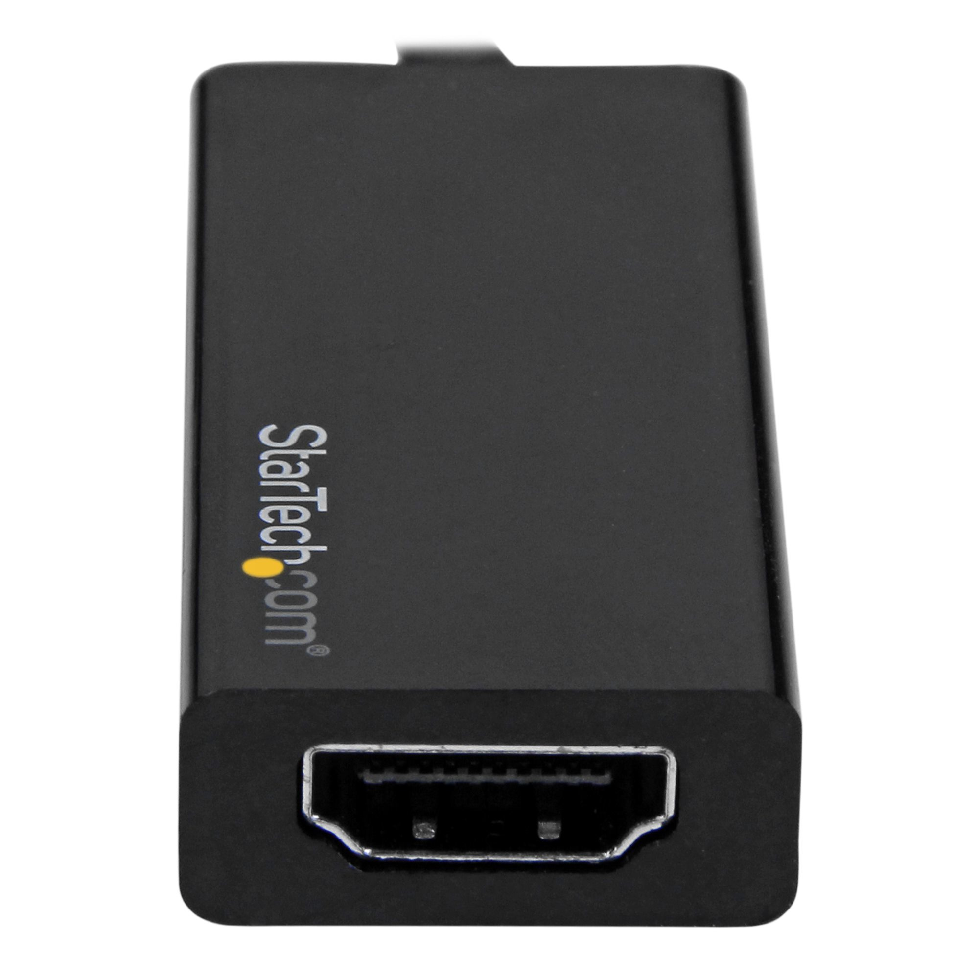 Ein schwarzer StarTech.com HDMI-Adapter. Er hat einen HDMI-Anschluss und ein Kabel. Weißer Hintergrund.