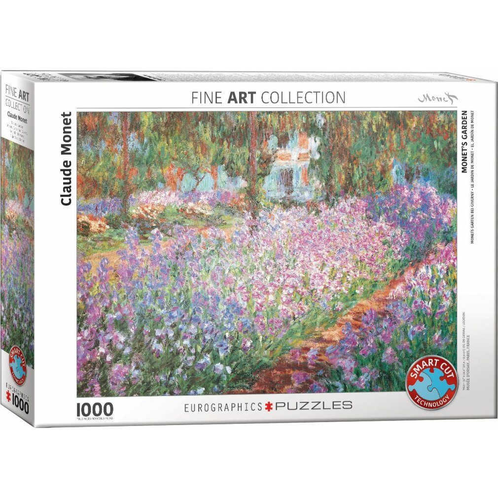 Ein Monet-Puzzle mit einem Gartenpfad, der von lila und rosa Blumen gesäumt ist, mit Bäumen im Hintergrund.