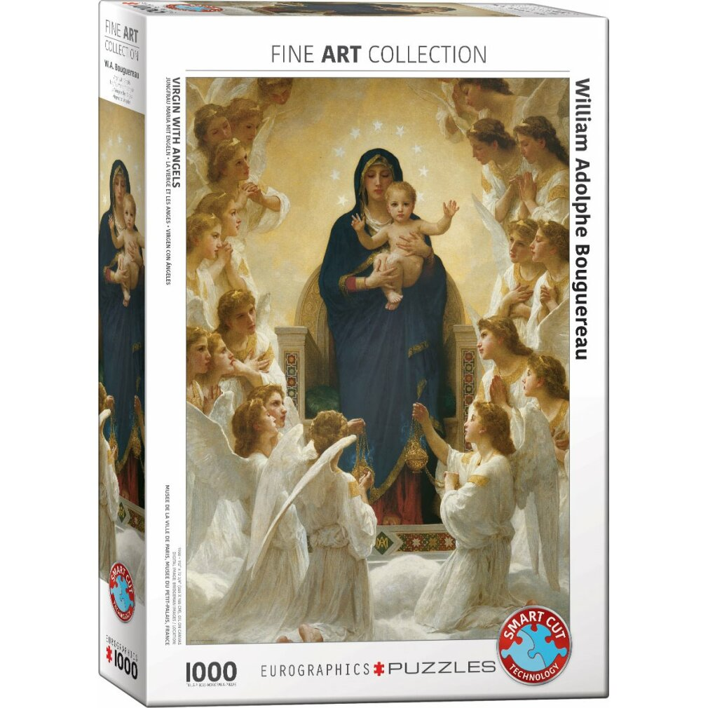 Puzzle-Box von 'Jungfrau mit Engeln' von Bouguereau. Maria hält Jesus, umgeben von Engeln. Kunstwerk auf weißem Hintergrund.