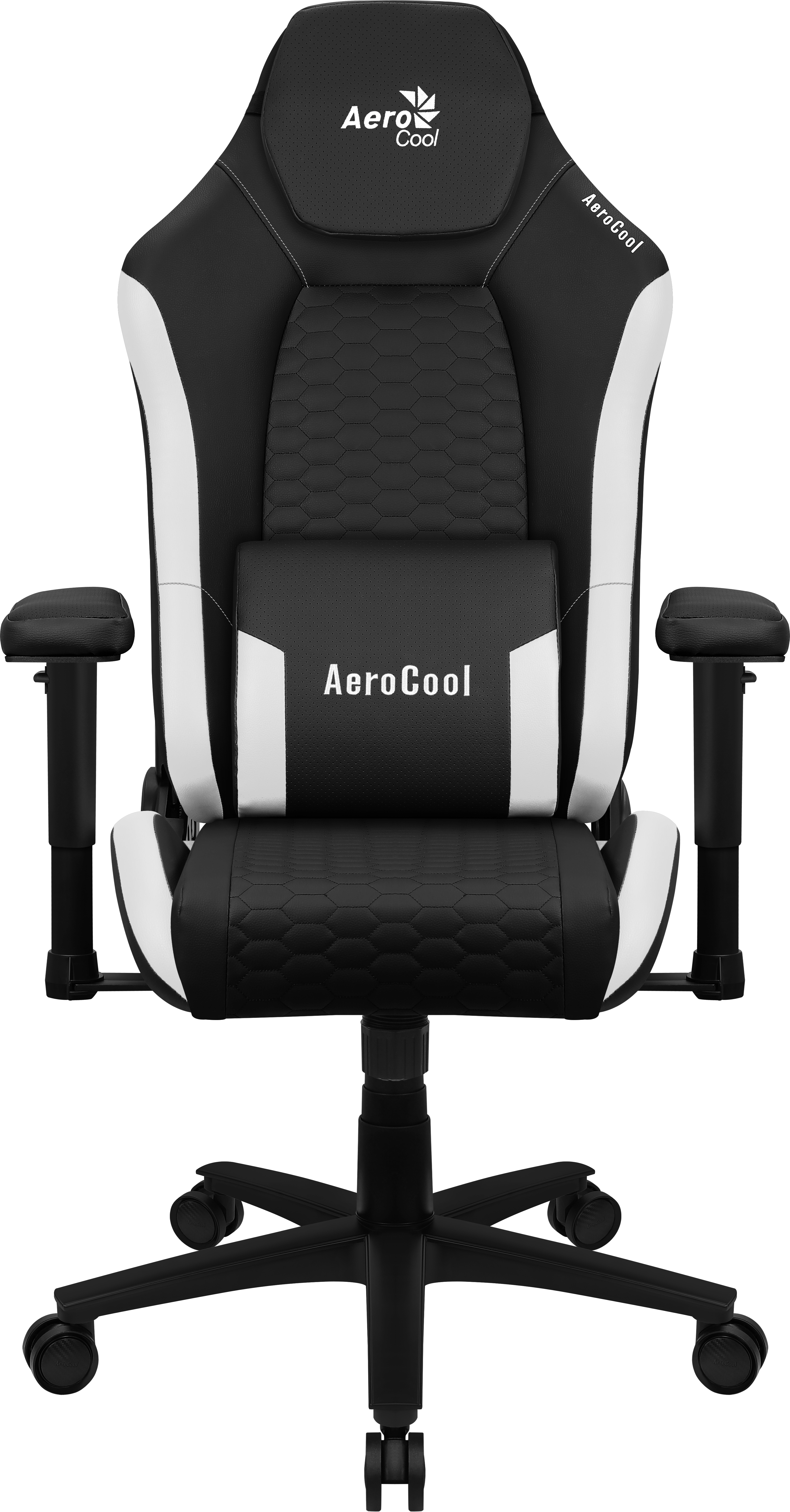 Ein schwarz-weißer AeroCool-Gaming-Stuhl. Er hat eine hohe Rückenlehne, Armlehnen und ein Fünf-Sterne-Gestell mit Rollen.