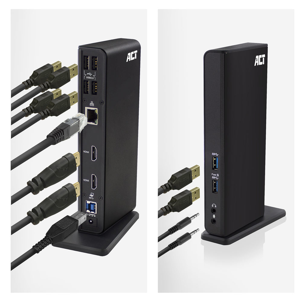 Due docking station ACT nere con porte diverse e cavi collegati, tra cui HDMI, USB ed Ethernet.