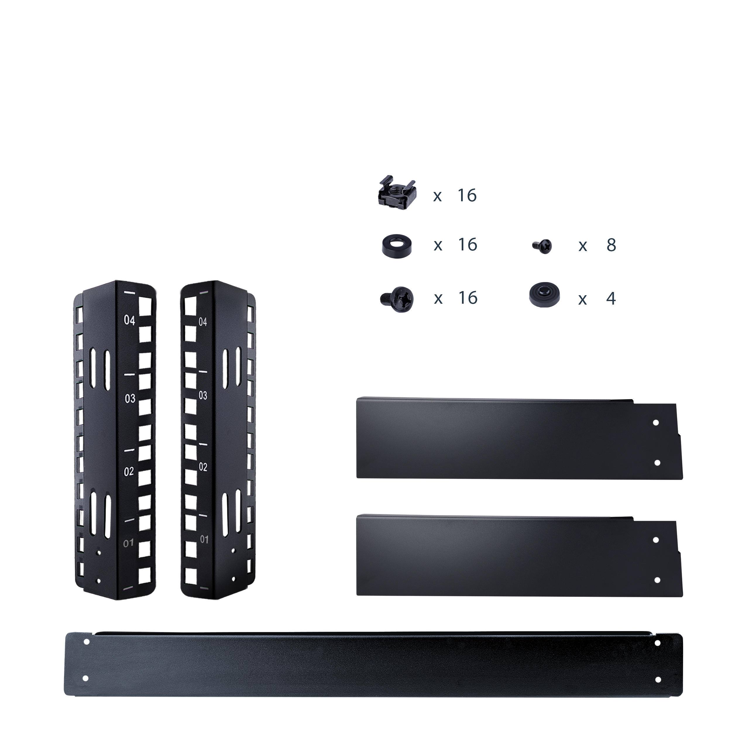 Componentes negros de rack metálico, tornillos y fijaciones sobre fondo blanco, incluyendo dos lados de rack.