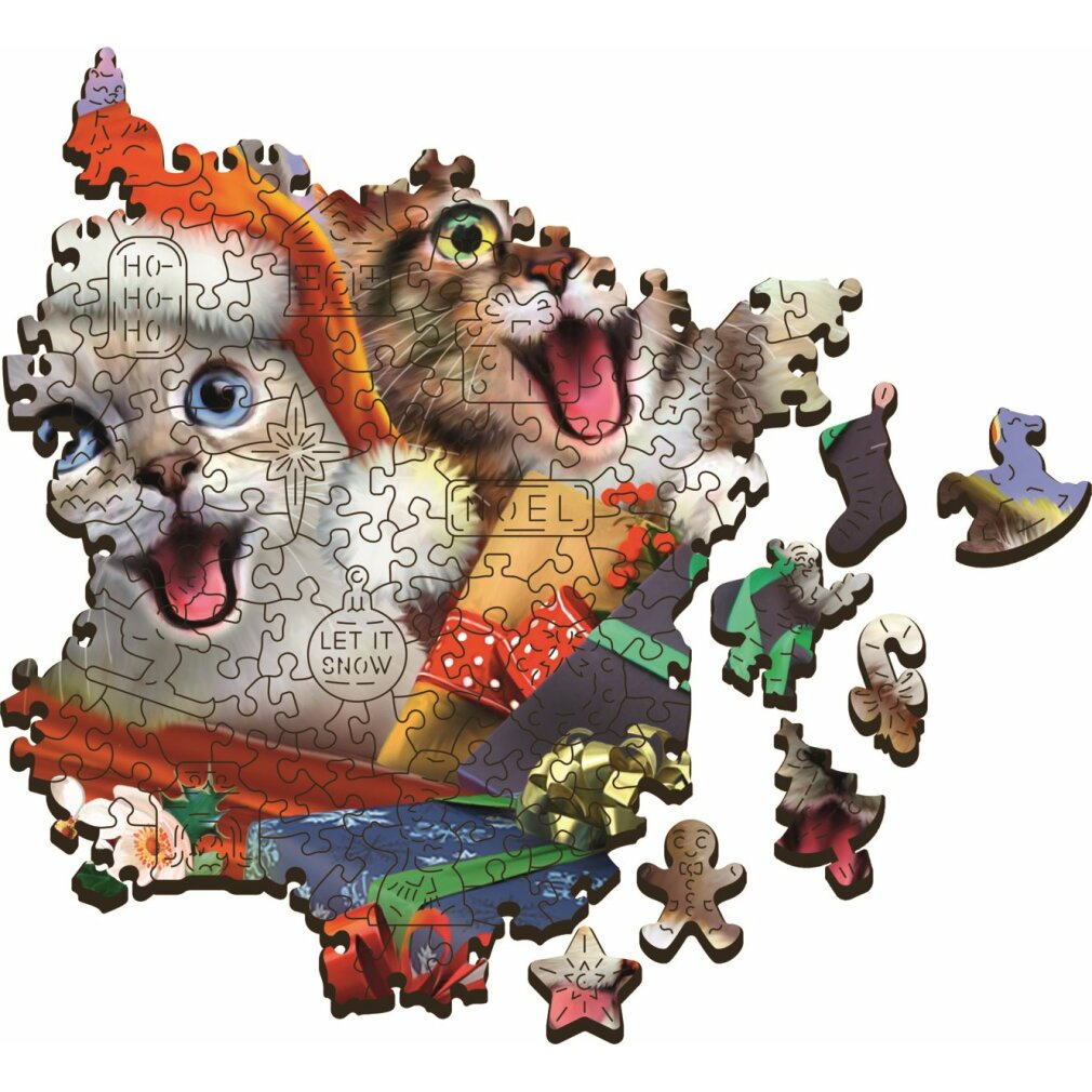 Ein katzenförmiges Puzzle mit zwei Katzengesichtern, Geschenken und weihnachtlichen Puzzleteilen.