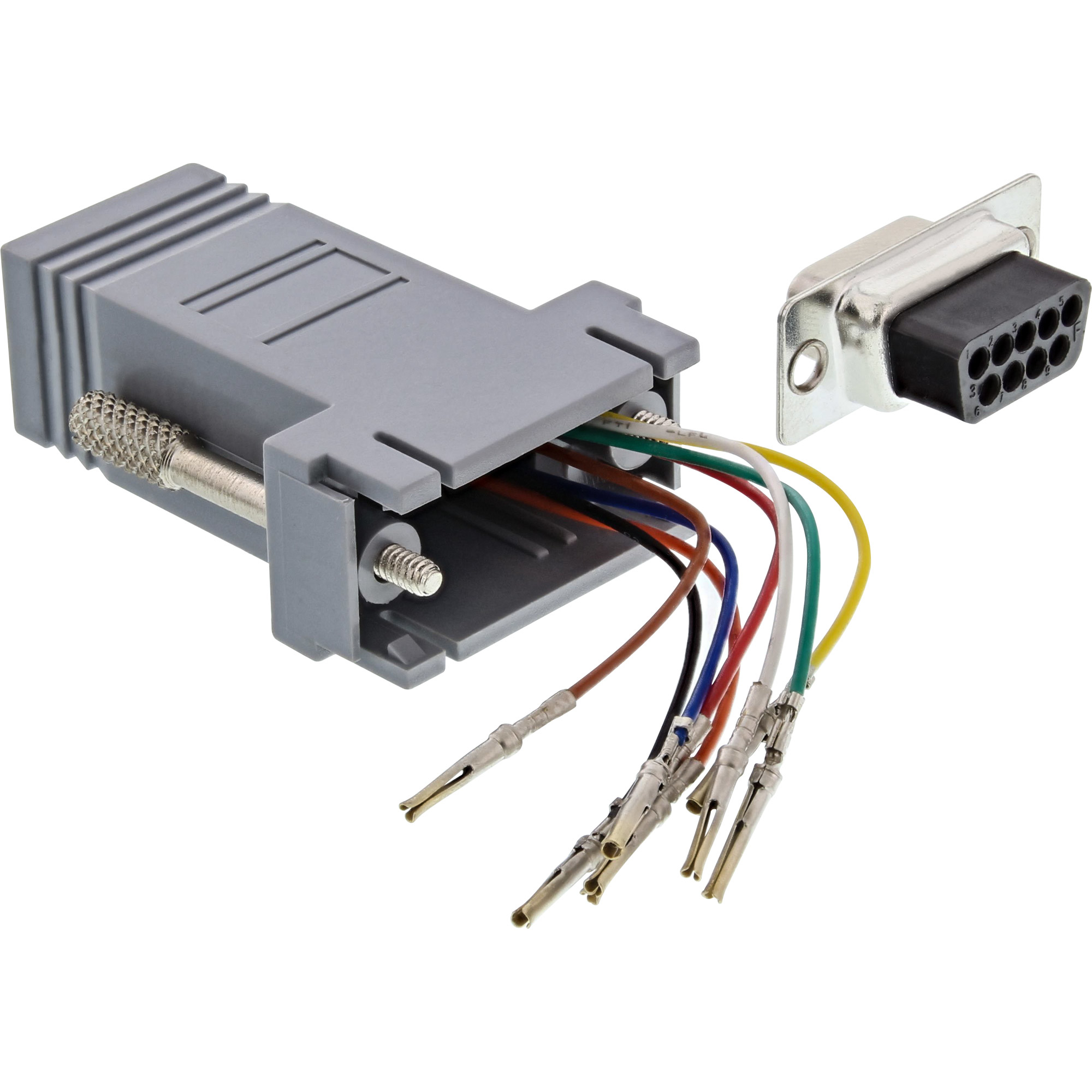 Ein grauer Stecker mit herausragenden Drähten. Rechts befindet sich ein schwarzer Stecker. Drähte sind verschiedenfarbig.