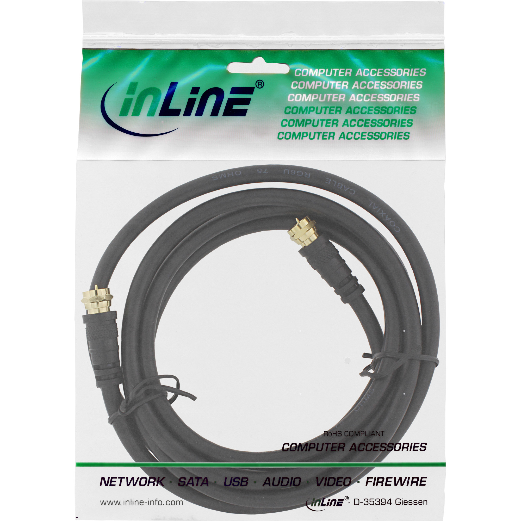 Ein schwarzes Koaxialkabel in einer Plastikverpackung mit der Aufschrift 'inLine' und 'Computer Accessories'.