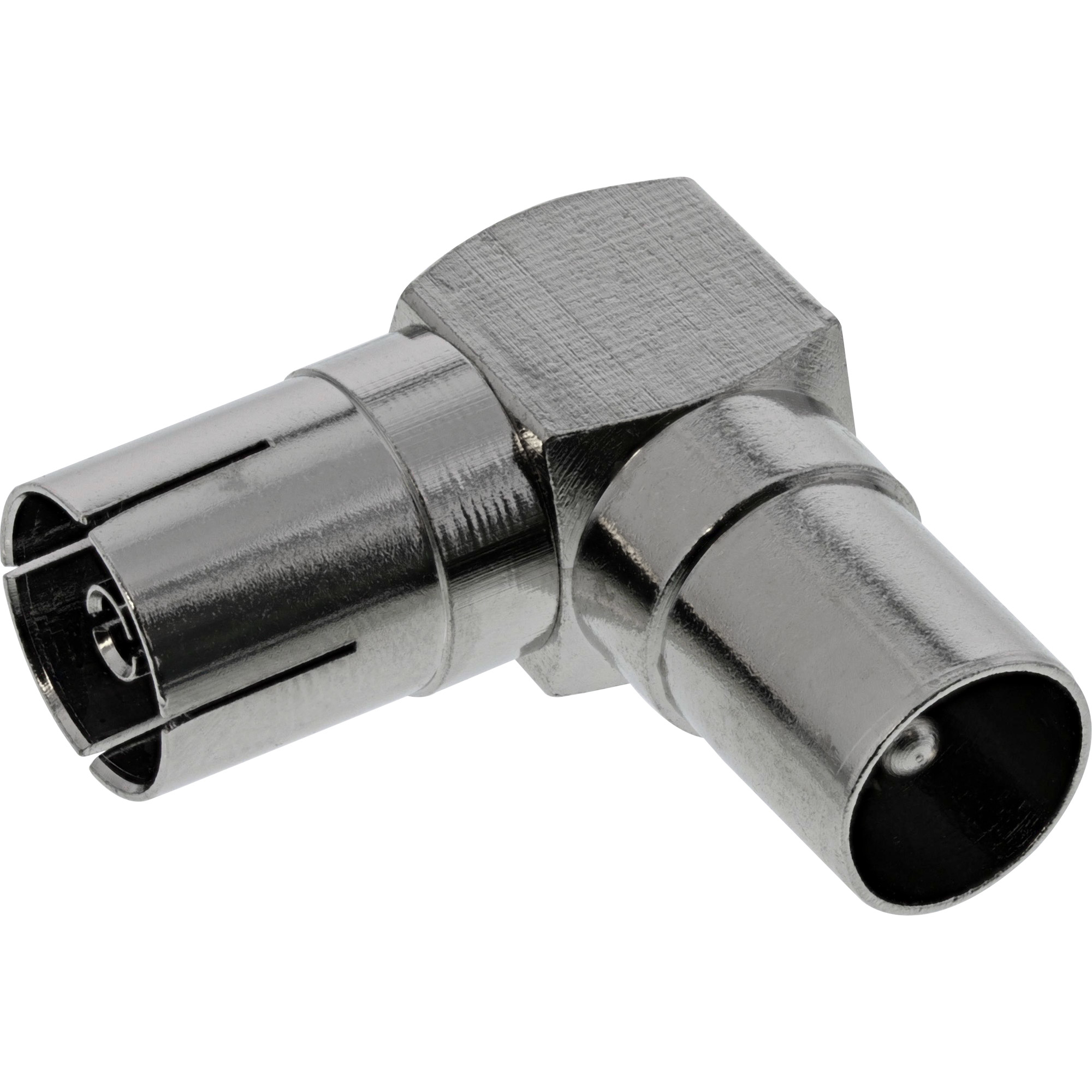 Ein metallischer, L-förmiger Verbinder mit zwei zylindrischen Enden. Der Verbinder ist silberfarben mit glatter, reflektierender Oberfläche.