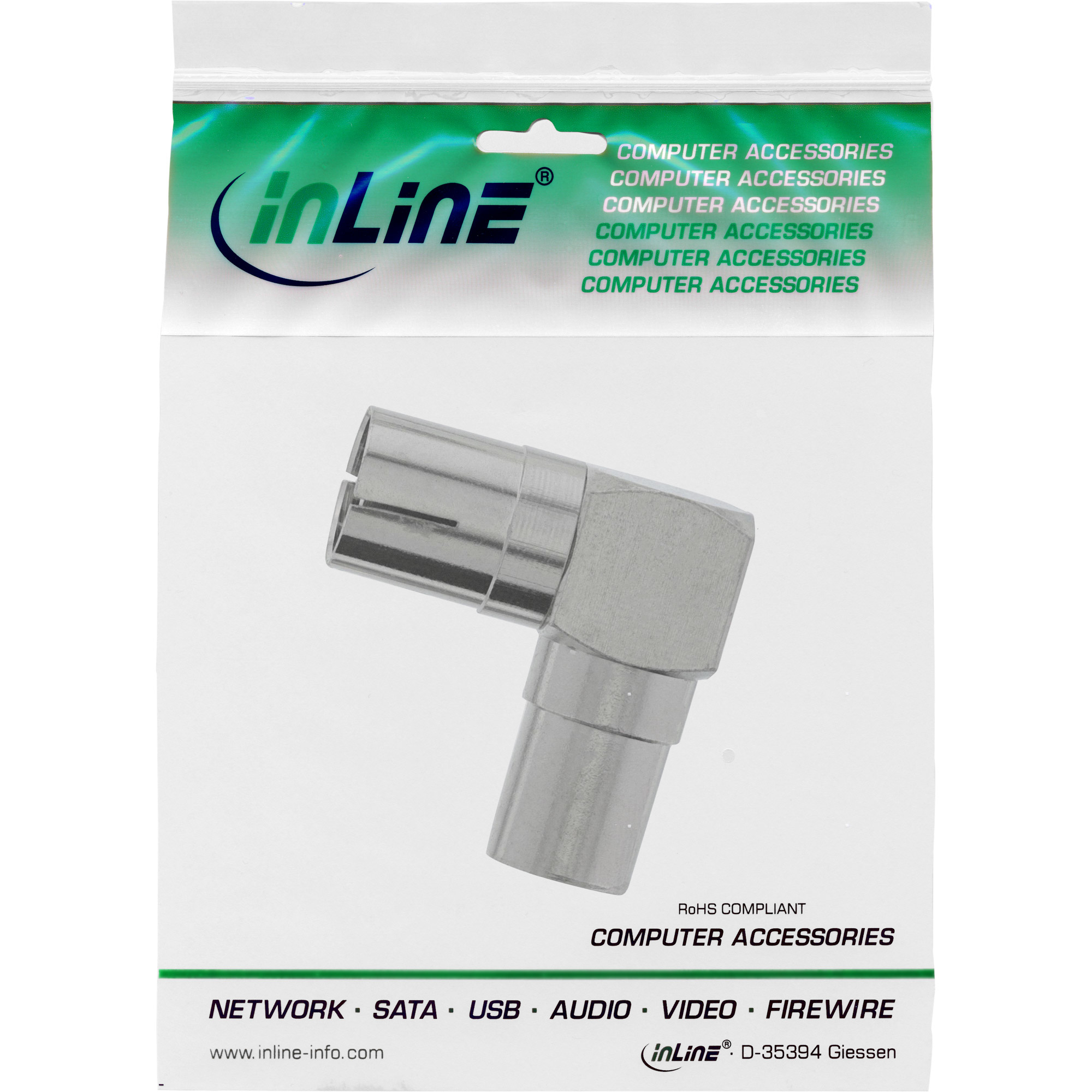 Ein Computerzubehör, ein abgewinkelter Metalladapter, befindet sich in einer Kunststoffverpackung mit dem 'inLine'-Logo und Produktinformationen.