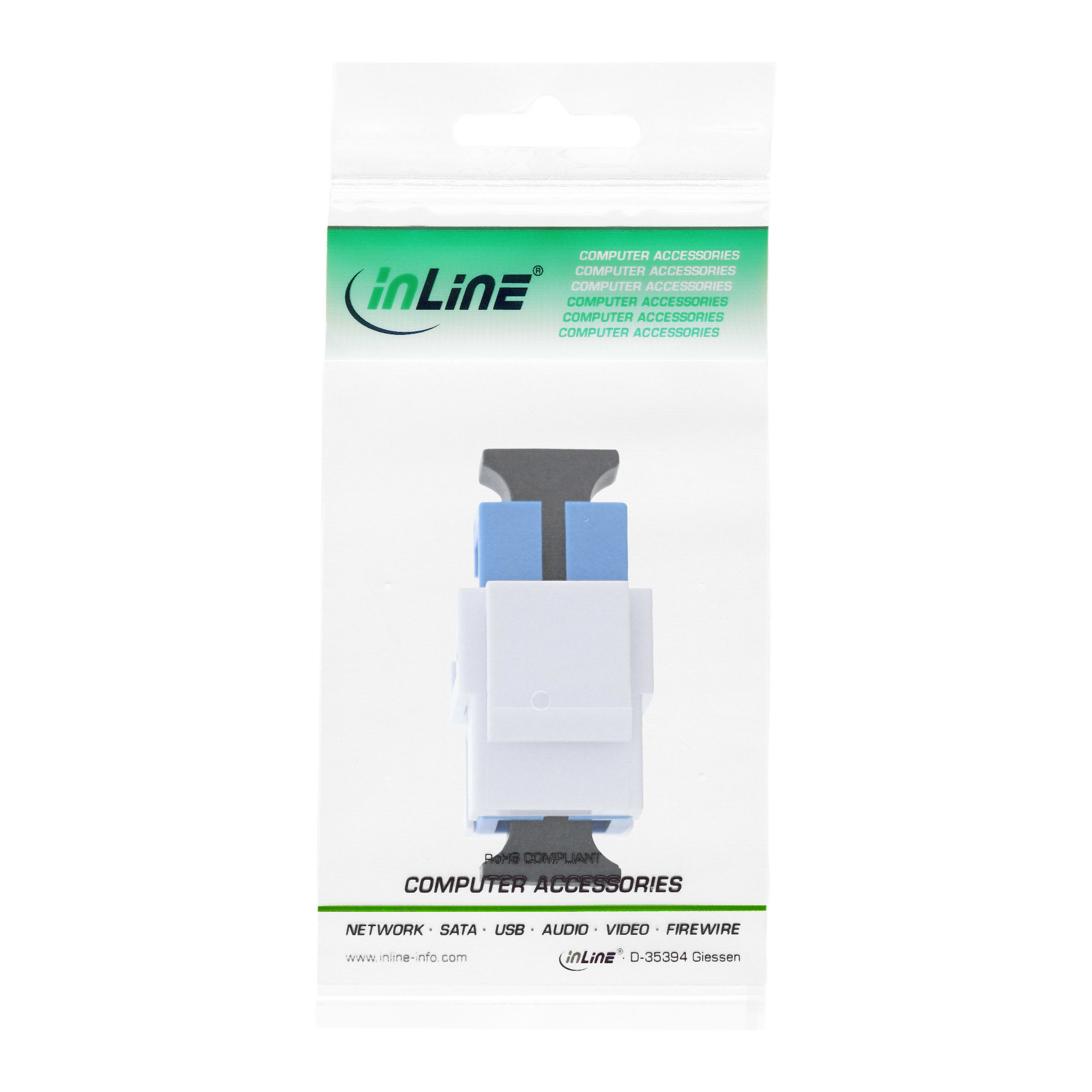 Ein Computerzubehörteil in einer Plastikverpackung hat weiße, blaue und schwarze Teile. Die Verpackung trägt das 'inLine' Logo.